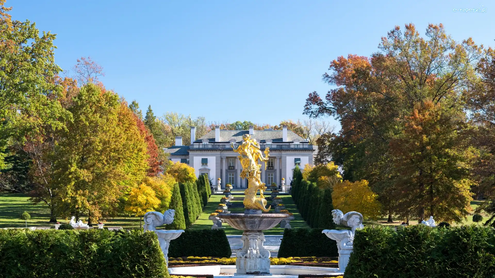 Jesień, Stan Delaware, Drzewa, Rzeźba, Muzeum Nemours Mansion and Gardens, Rezydencja Nemours, Fontanna, Stany Zjednoczone, Miasto Wilmington, Ogród