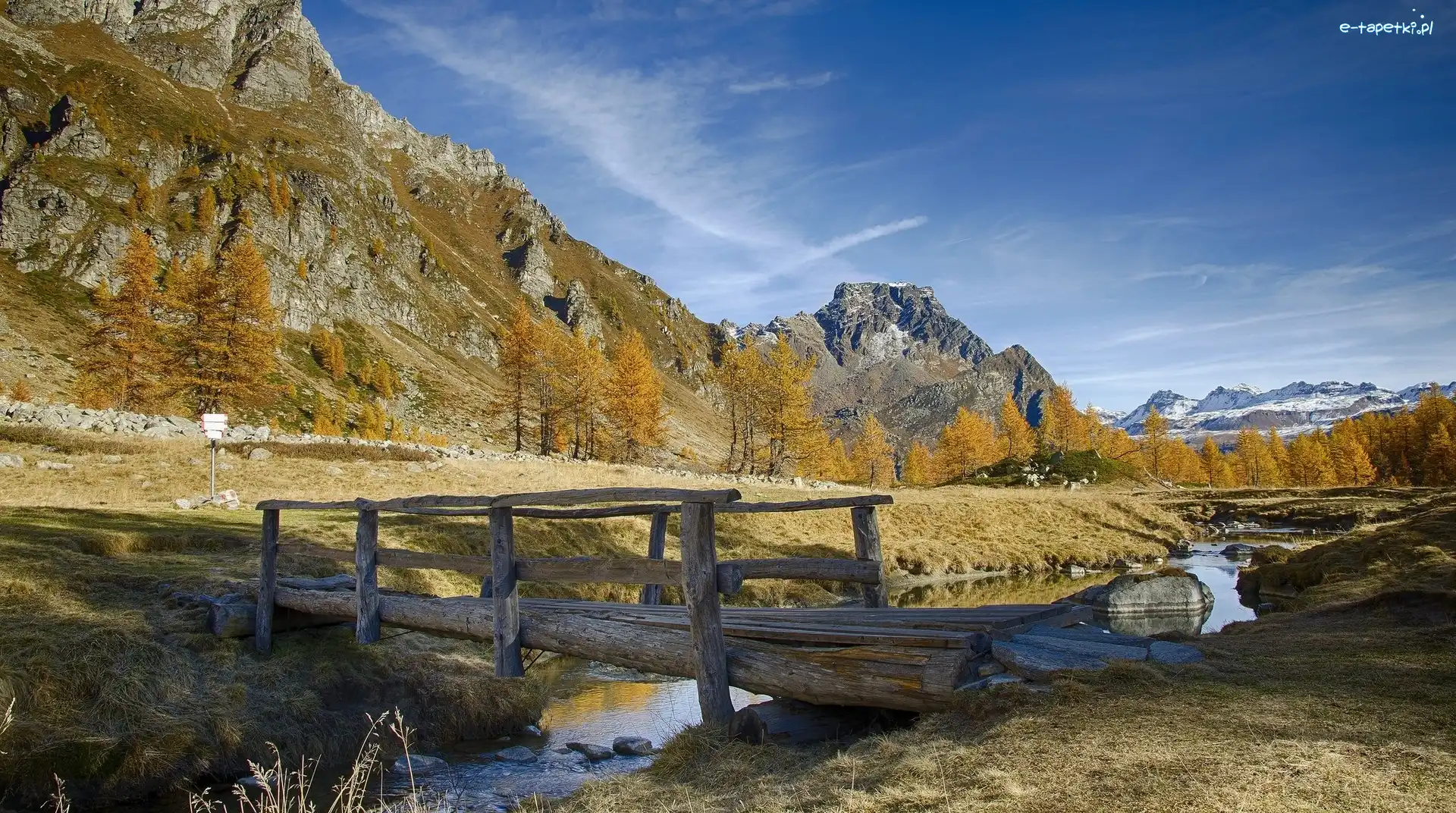 Mostek, Rzeka Buscagna, Jesień, Park przyrody Alpe Veglia i Alpe Devero, Włochy, Drewniany, Góry