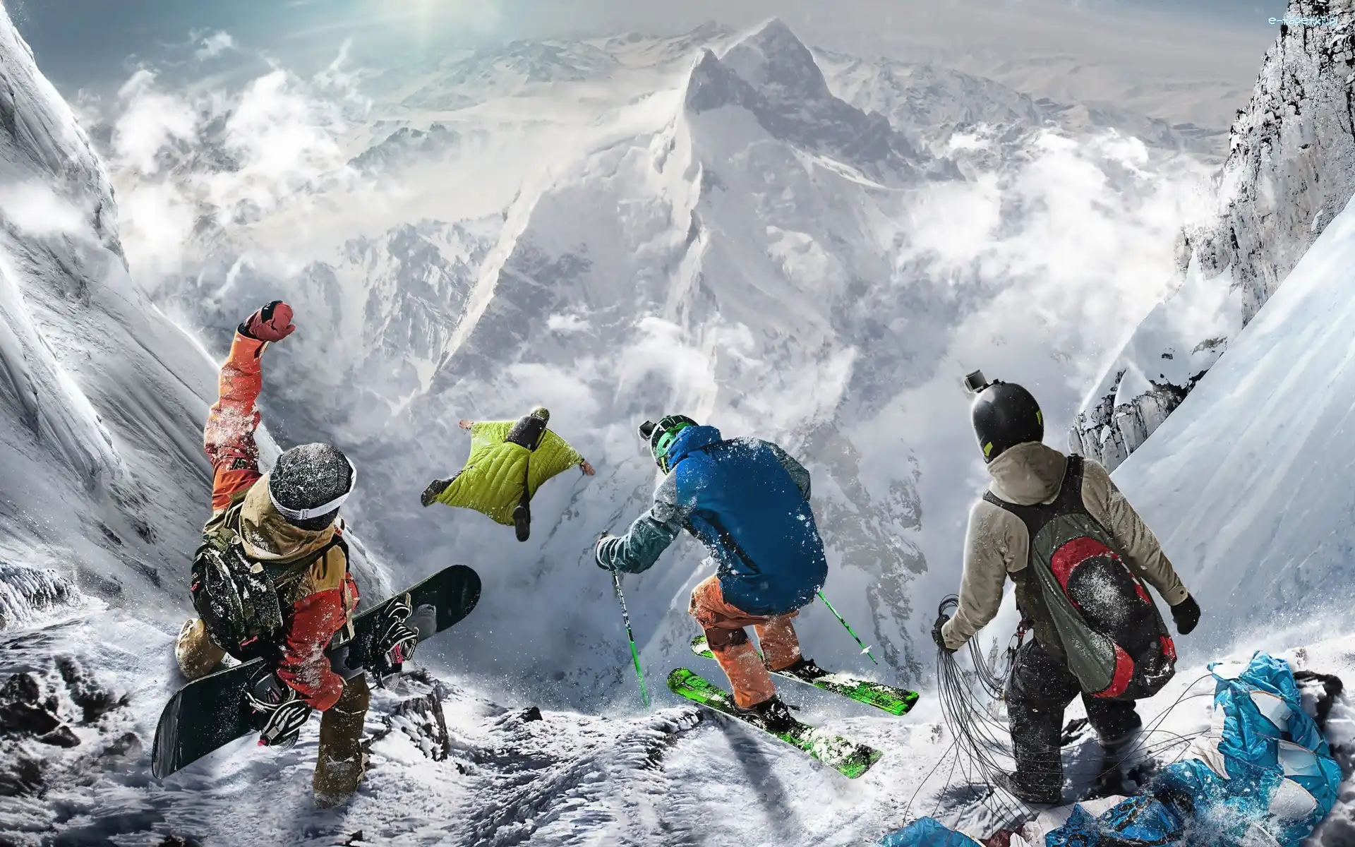 Góry, Skoki narciarskie, Spadochroniarstwo, Snowboard, Sporty ekstremalne, Zima, Wspinaczka