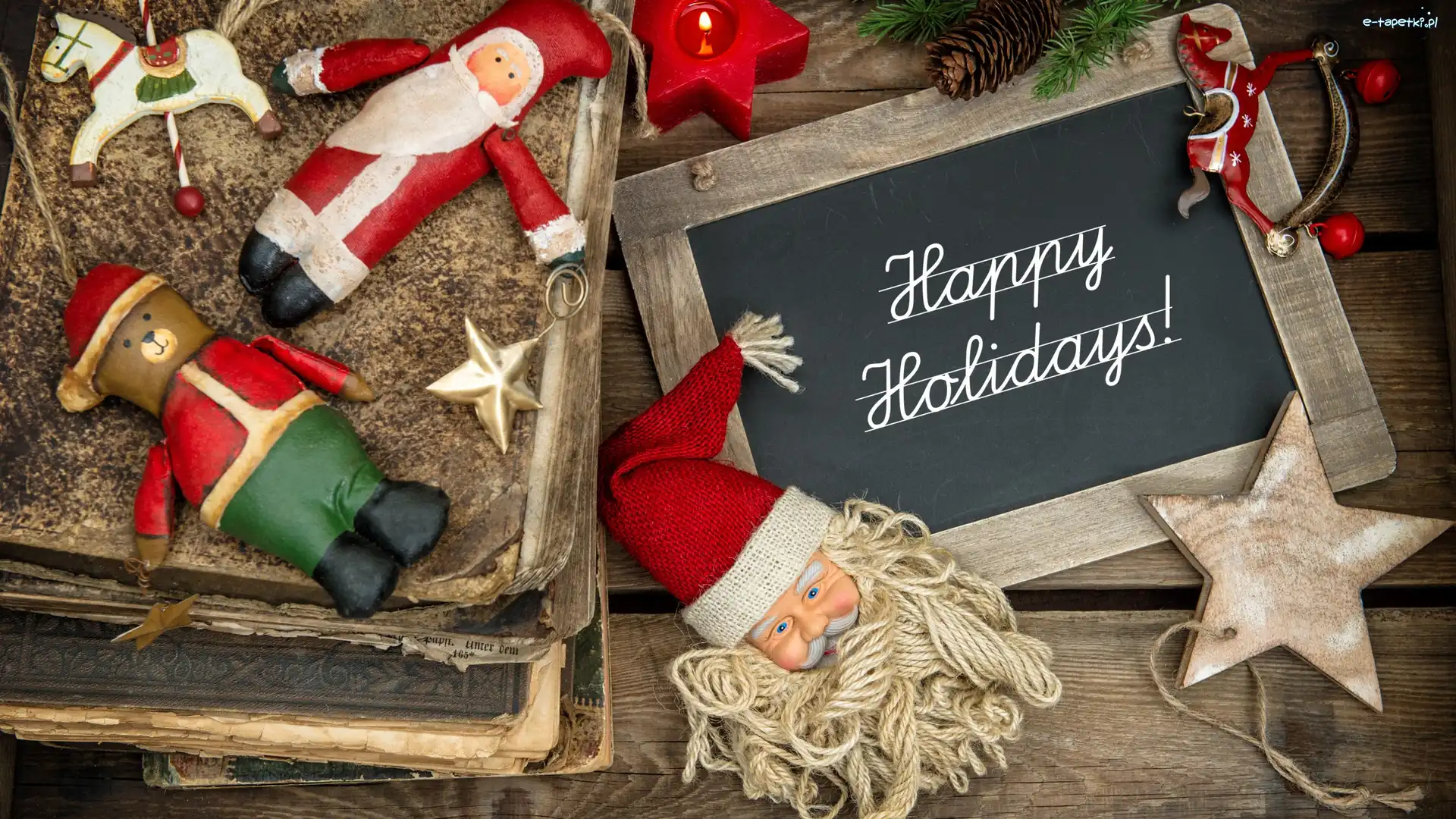 Zabawki, Świąteczna, Koniki, Książki, Deski, Kompozycja, Tablica, Mikołaj, Napis, Vintage, Miś, Świeca, Gwiazdka, Happy Holidays