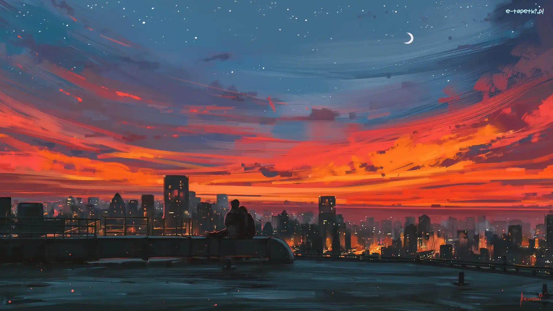 Zakochanych, Miasto, Domy, Zachód słońca, Paintography, Para, Panorama