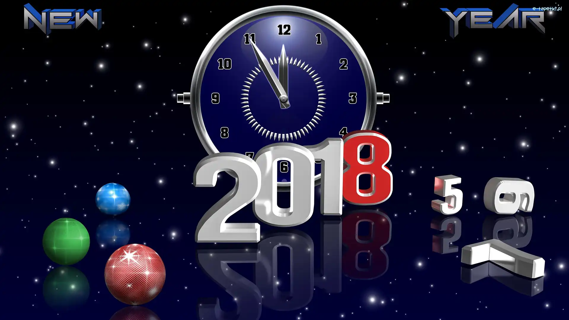 Bombki, Grafika 2D, Zegar, Odbicie, 2018, Nowy Rok