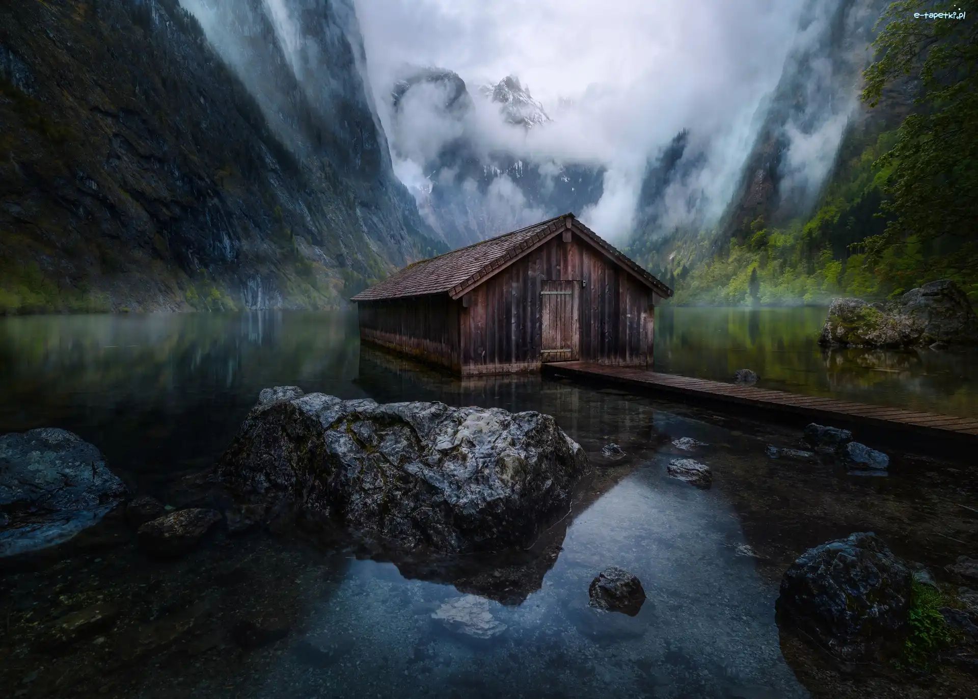 Kamienie, Bawaria, Mgła, Kładka, Jezioro Konigssee, Domek, Drewniany, Niemcy, Park Narodowy Berchtesgaden, Góry