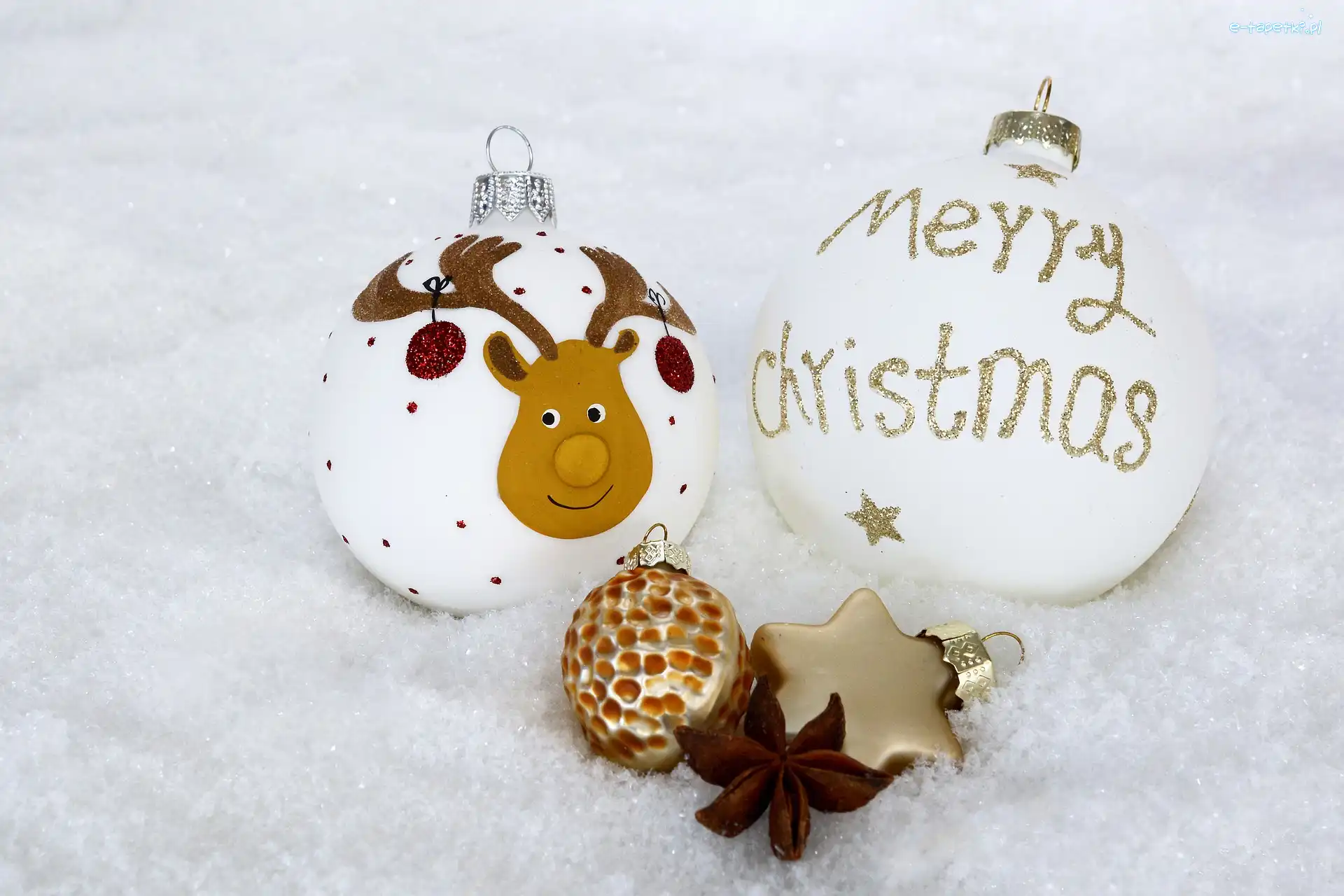 Śnieg, Merry Christmas, Napis, Bombki