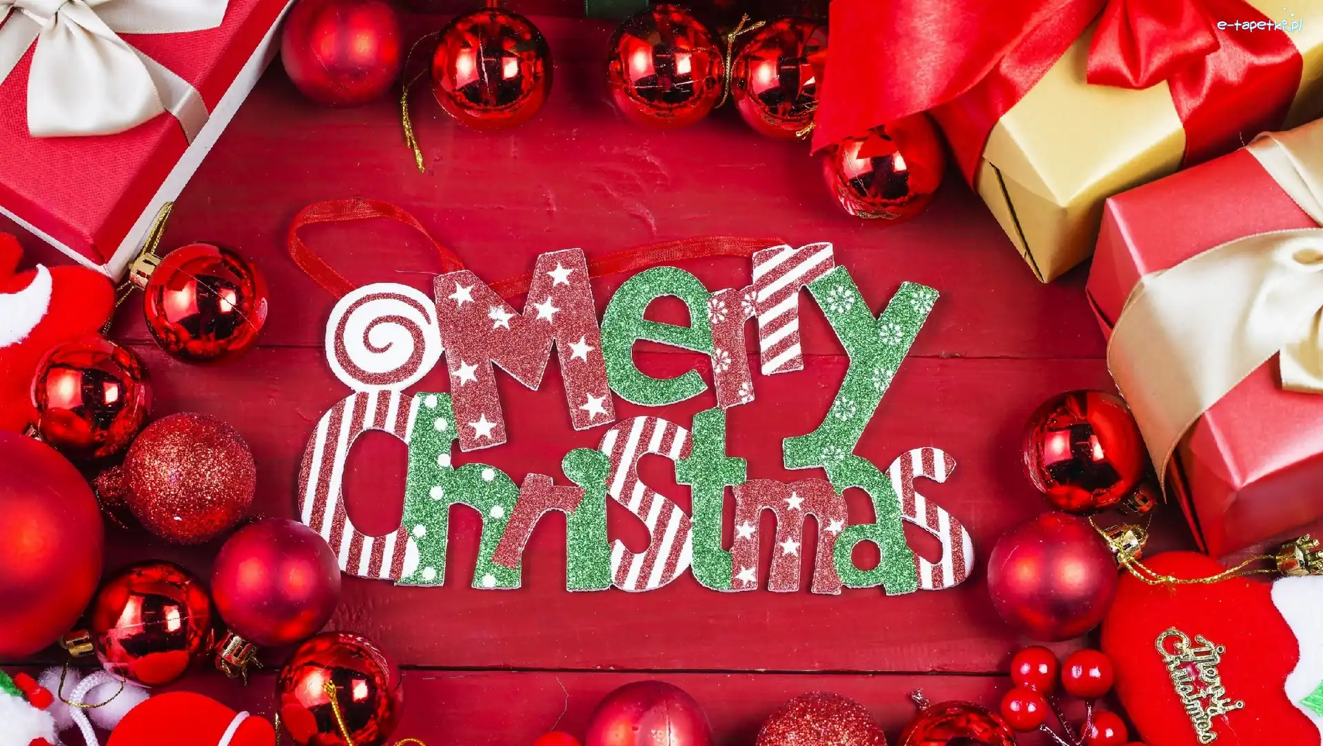 Merry Christmas, Boże Narodzenie, Czerwone, Świąteczna, Kompozycja, Napis, Bombki