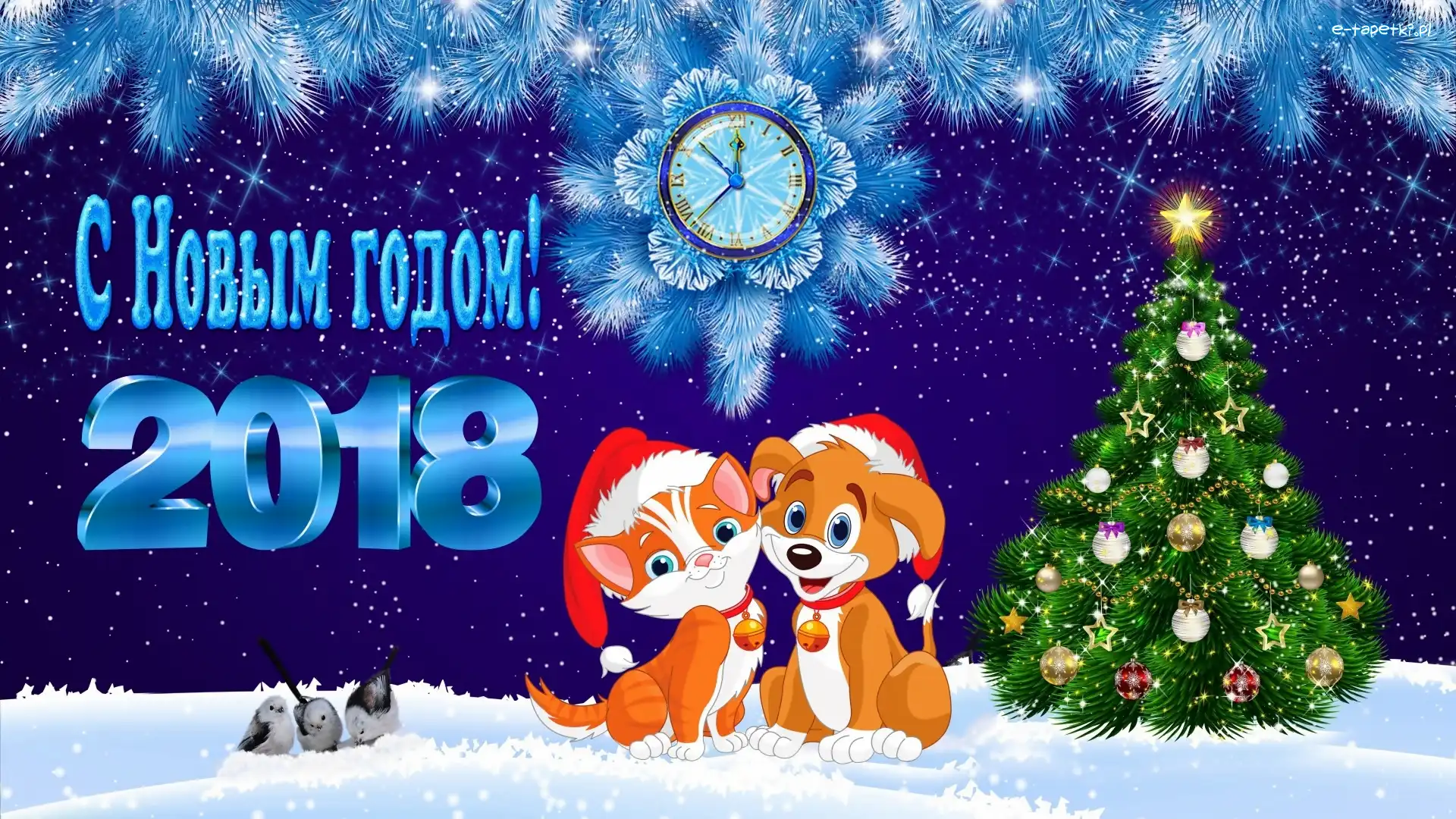 Nowy Rok, Pies, 2018, Zegar, Kot
