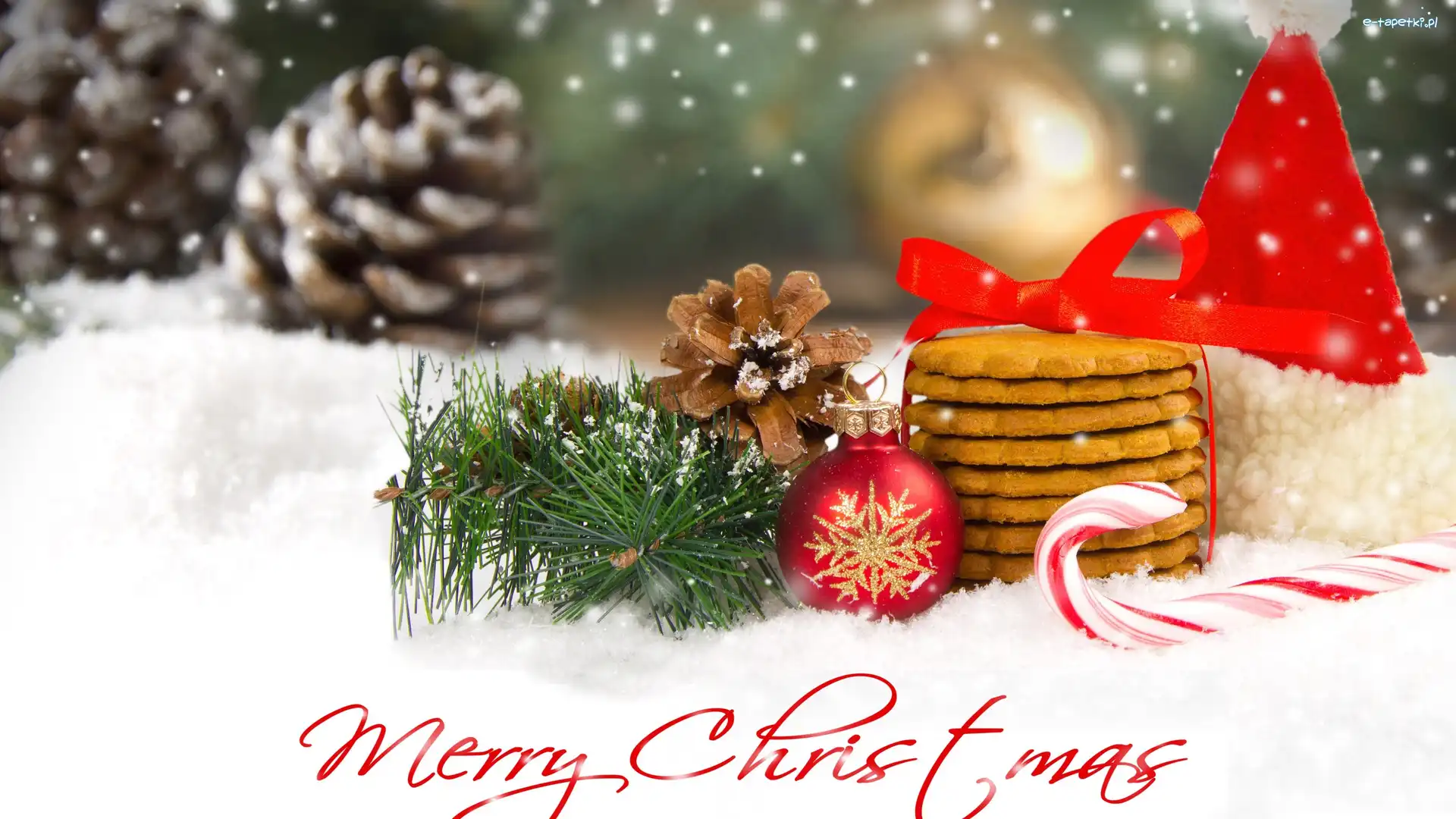 Gałązki, Merry Christmas, Boże Narodzenie, Świąteczna, Kompozycja, Bombka, Szyszki, Napis, Ciasteczka