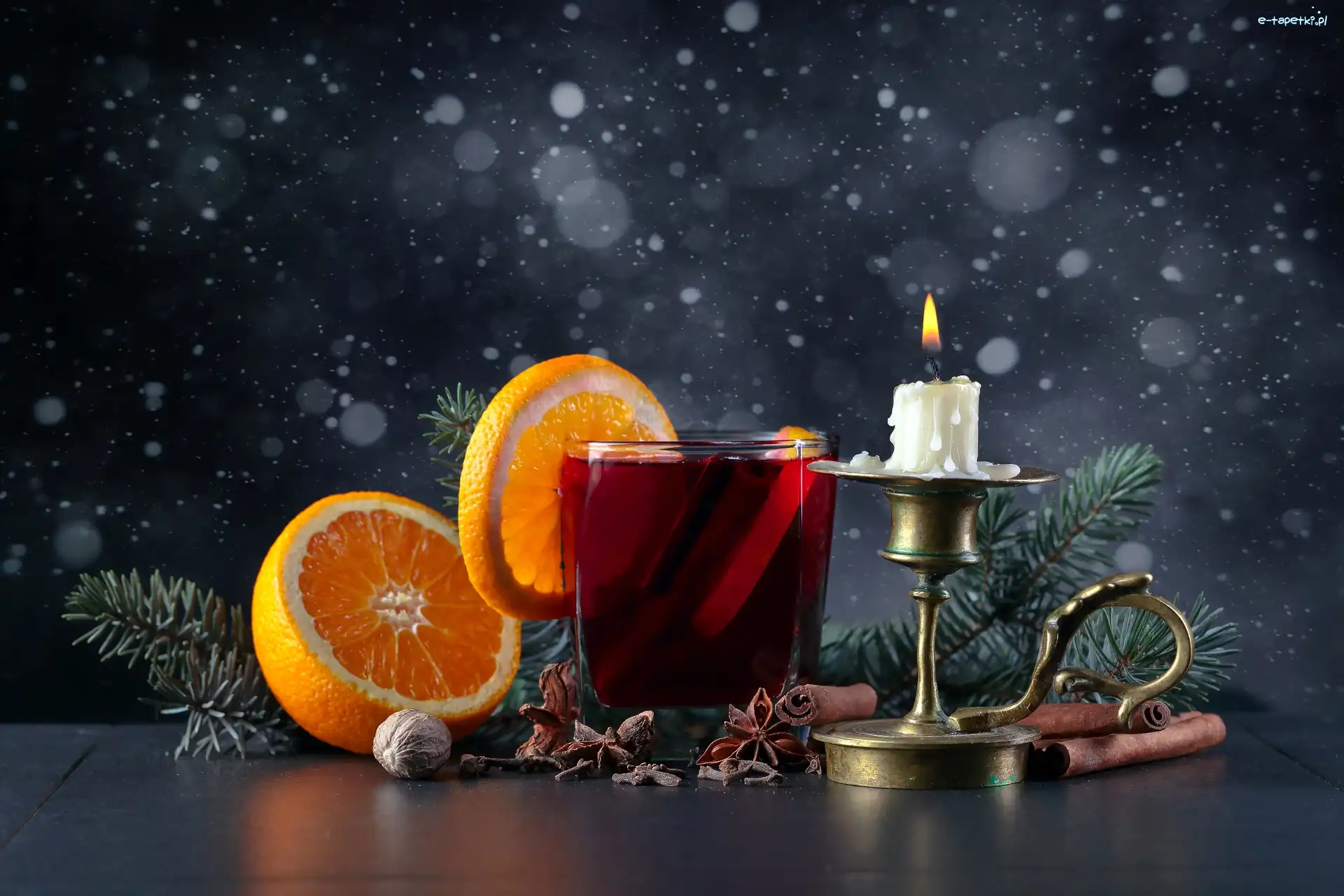 Kompozycja, Szklanka, Grzane wino, Pomarańcza, Świeca