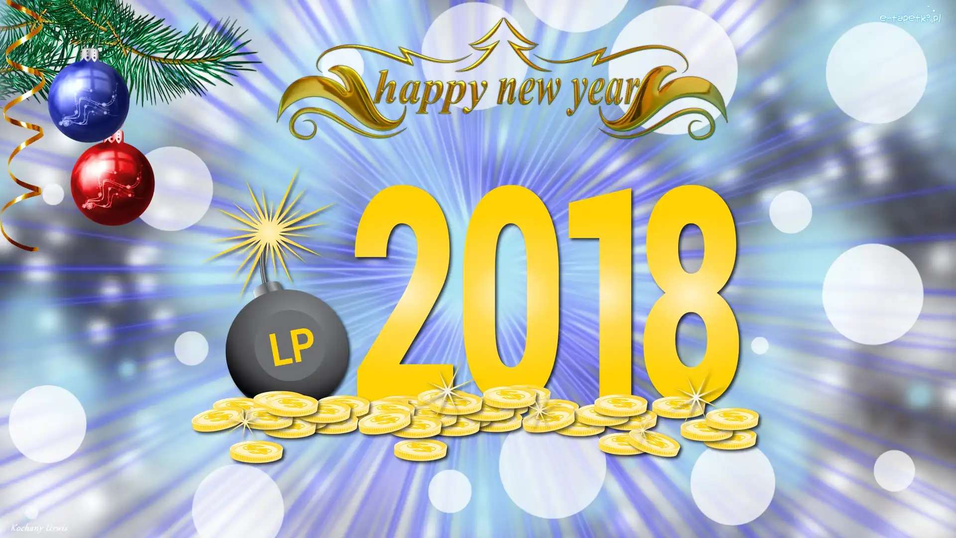 Bombki, Napis, Happy New Year, Gałązka, 2018, Nowy Rok