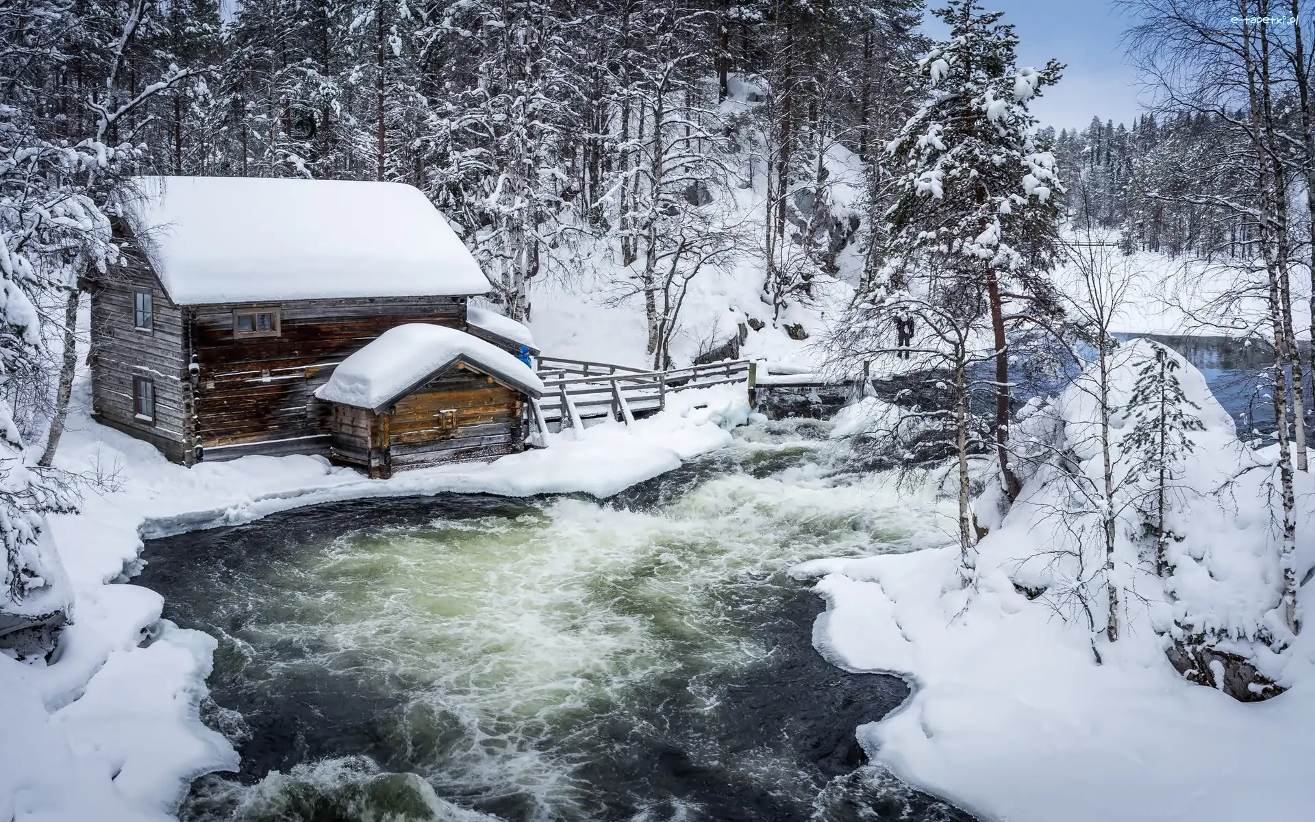 Rzeka, Młyn Myllykoski, Park Narodowy Oulanka, Laponia, Finlandia, Drzewa, Las, Drewniany, Zima