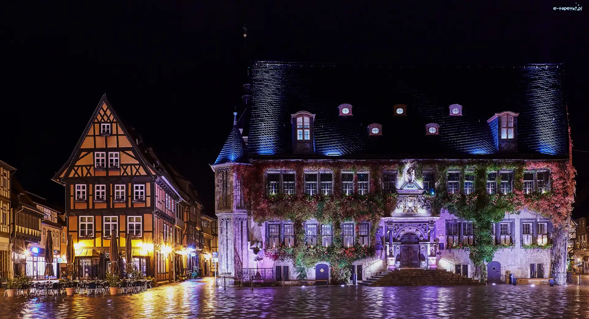 Noc, Miasto Quedlinburg, Rynek, Saksonia, Niemcy, Domy, Ratusz