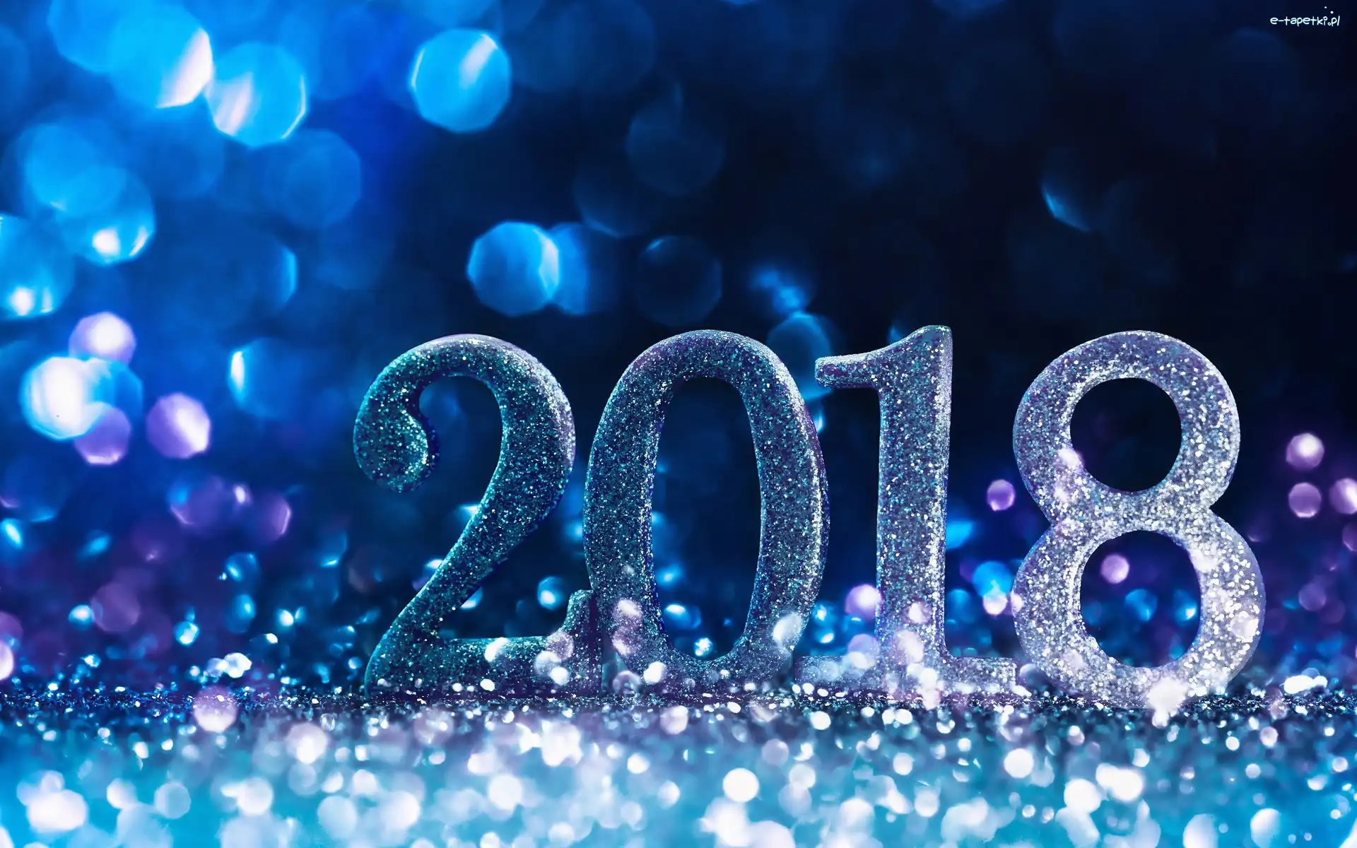 2018, Niebieskie tło, Bokeh, Nowy Rok