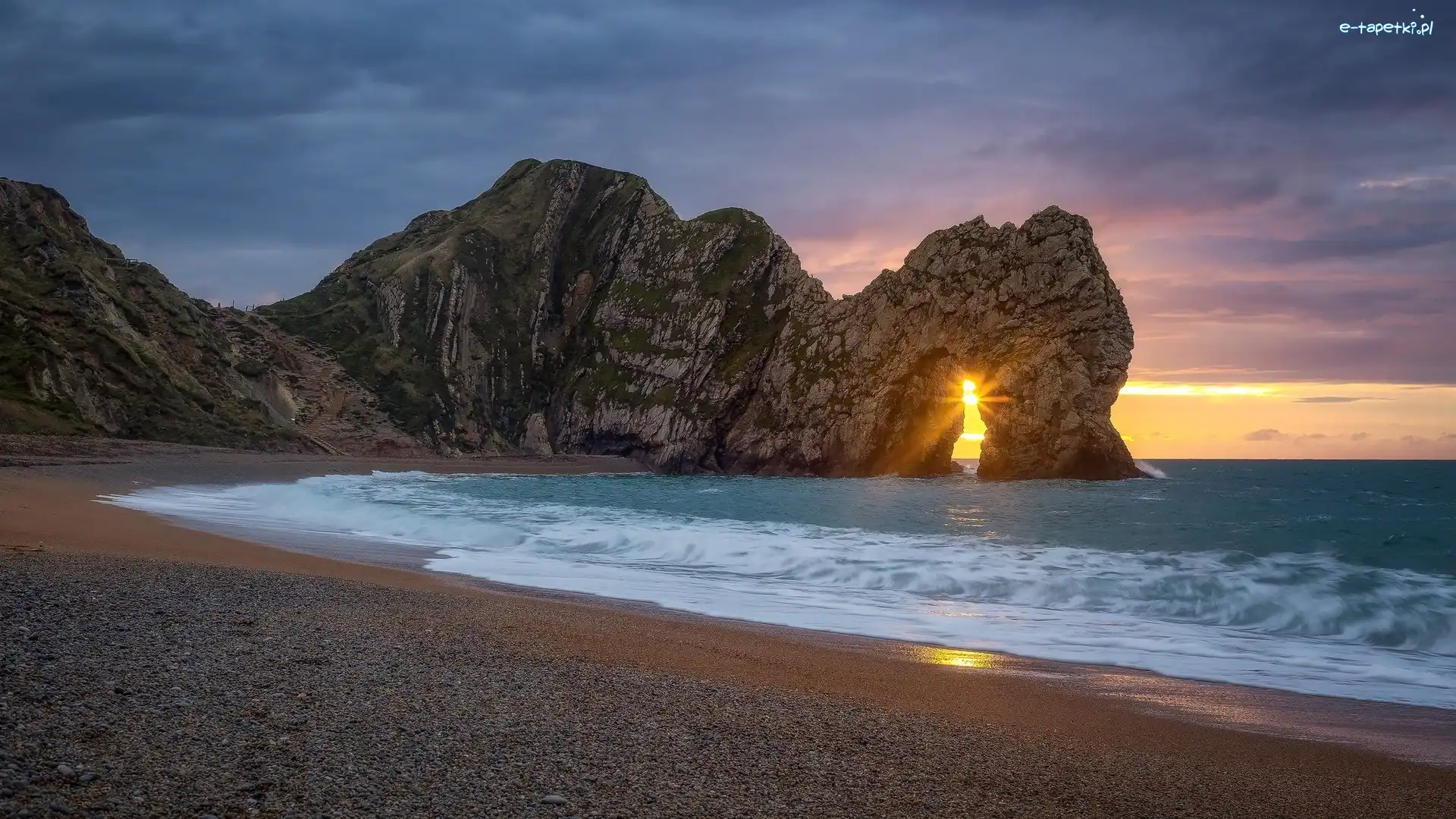Promienie słońca, Łuk Durdle Door, Kanał La Manche, Wybrzeże Jurajskie, Anglia, Skały, Morze