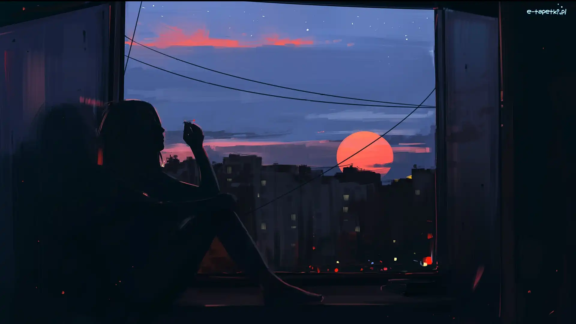 Noc, Dziewczyna, Papieros, Okno, Paintography, Księżyc, Domy