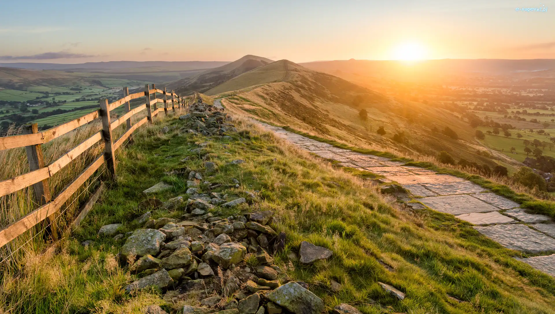 Ogrodzenie, Park Narodowy Peak District, Wschód słońca, Hrabstwo Derbyshire, Anglia, Kamienie, Droga