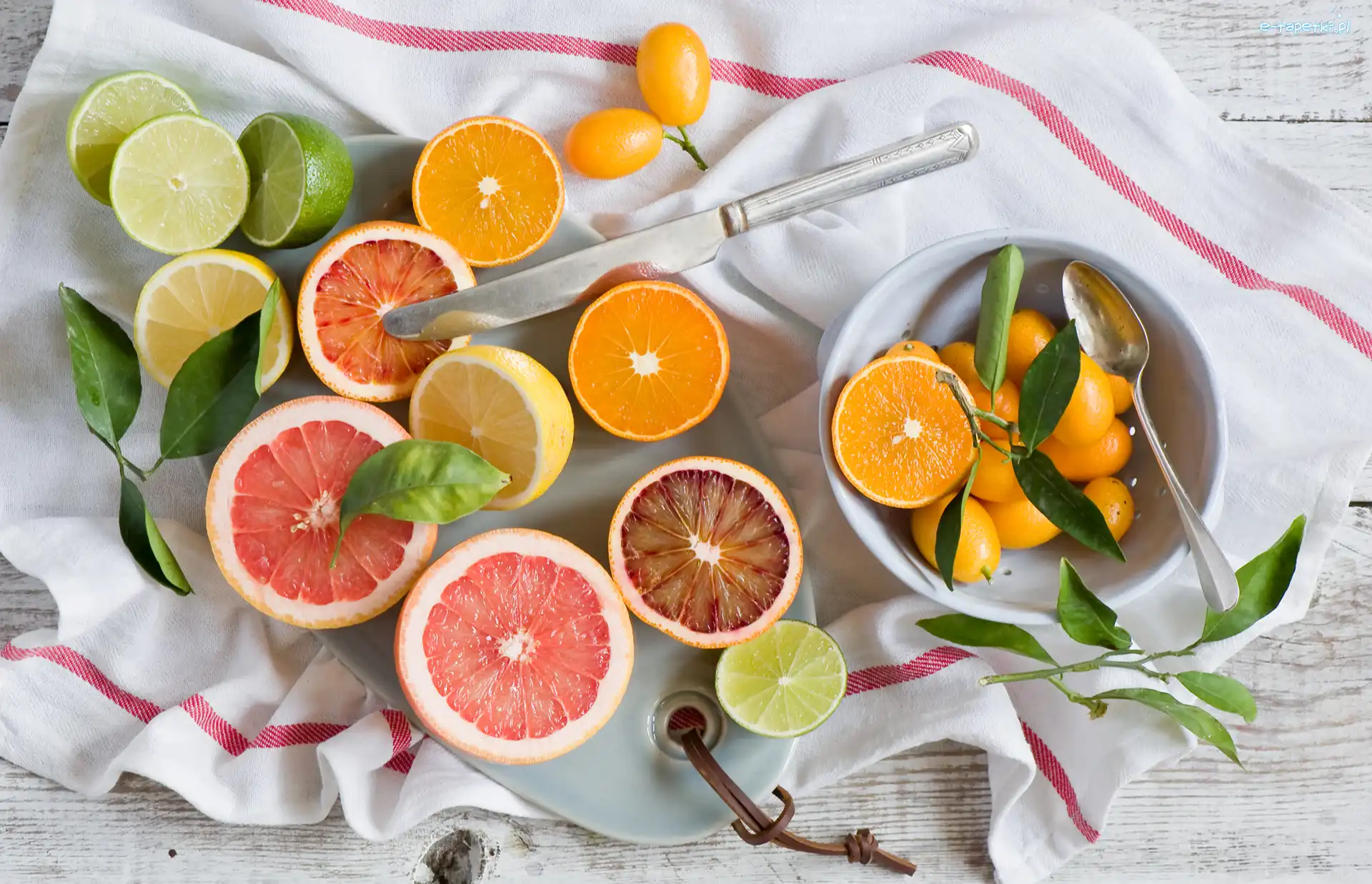 Mandarynka, Kompozycja, Kumkwat, Grejpfrut, Ściereczka, Cytryna, Pomarańcza, Nóż, Limonka, Cytrusy, Miska