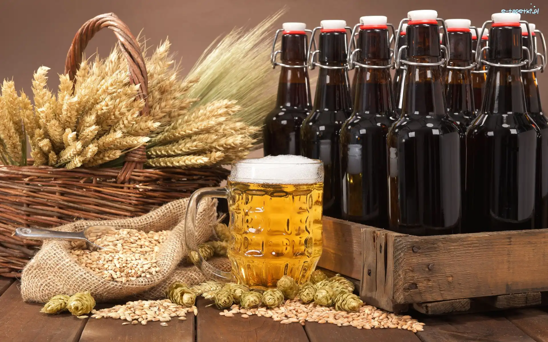 Skrzynka, Kufel, Chmiel, Zboże, Piwo, Butelki, Koszyk, Kompozycja