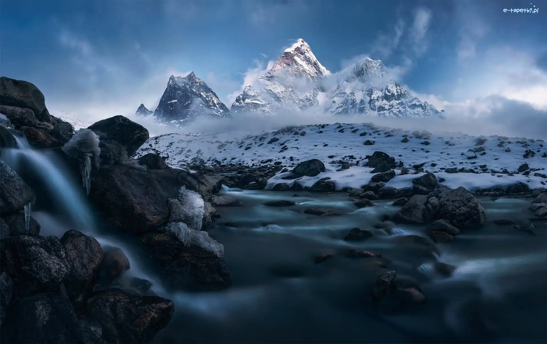 Kamienie, Szczyt Ama Dablam, Zima, Himalaje, Nepal, Rzeka, Góry