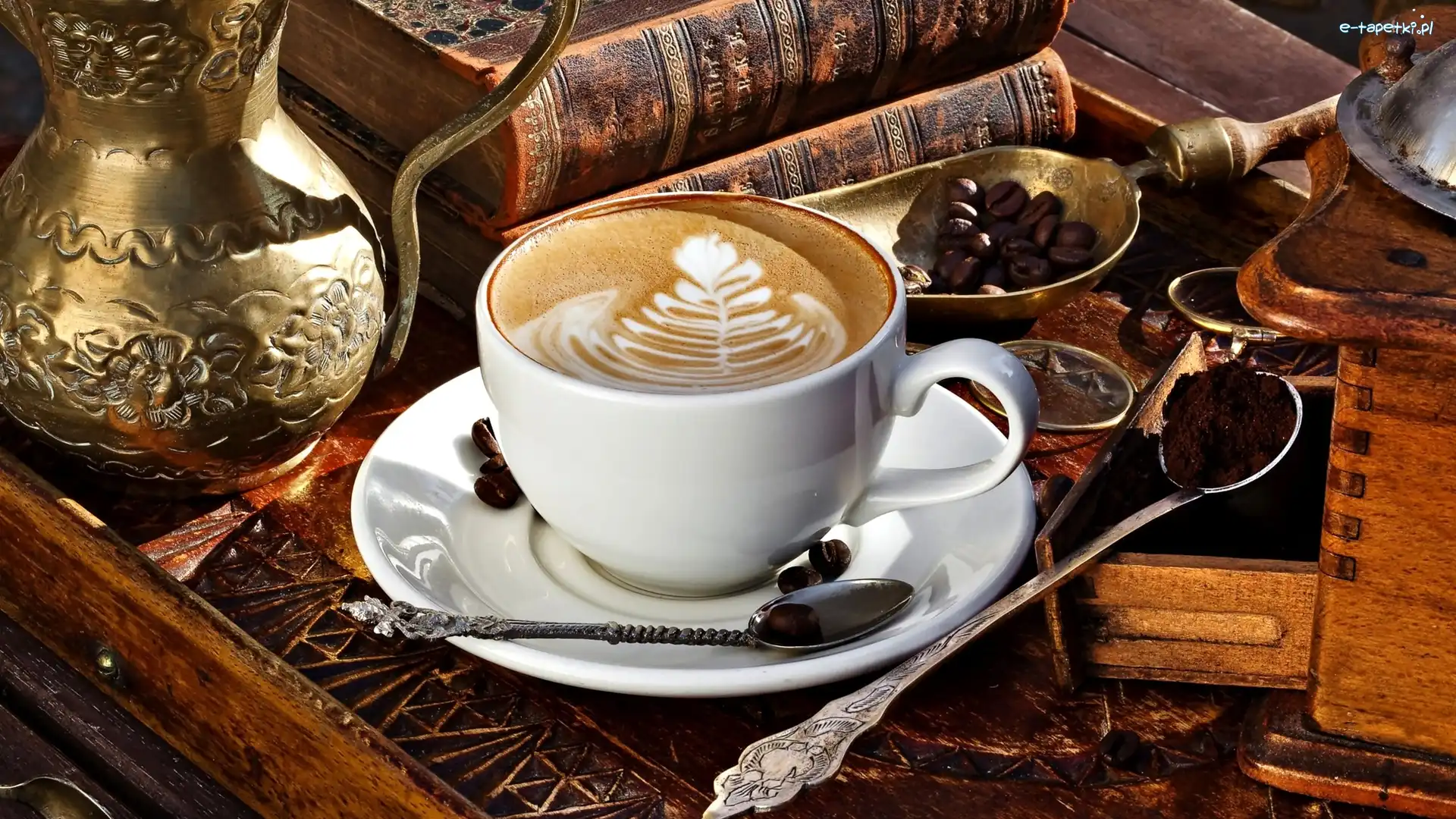 Książki, Biała, Filiżanka, Cappuccino, Kawa, Łyżeczki, Talerzyk