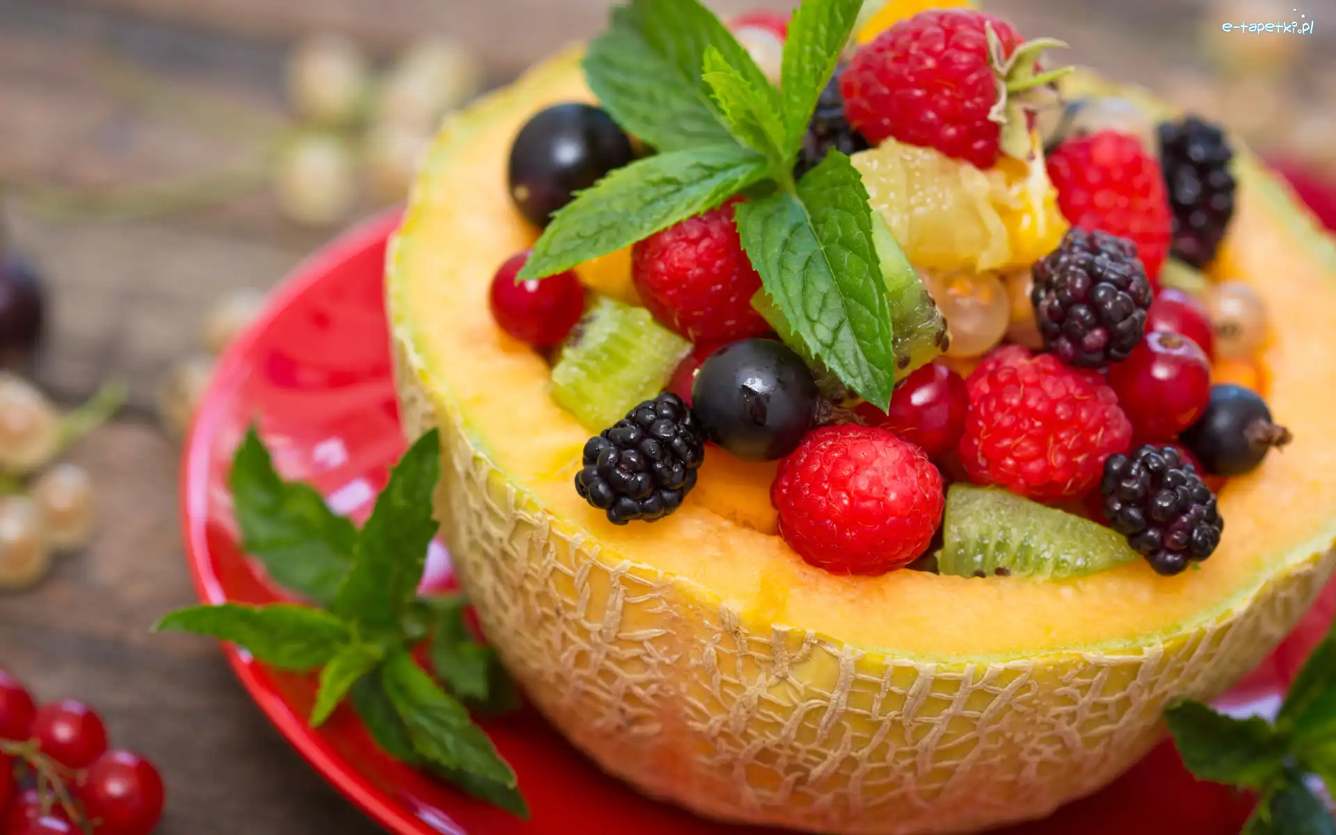 Jeżyny, Melon, Owocowa, Sałatka, Maliny, Listki, Mięta, Owoce