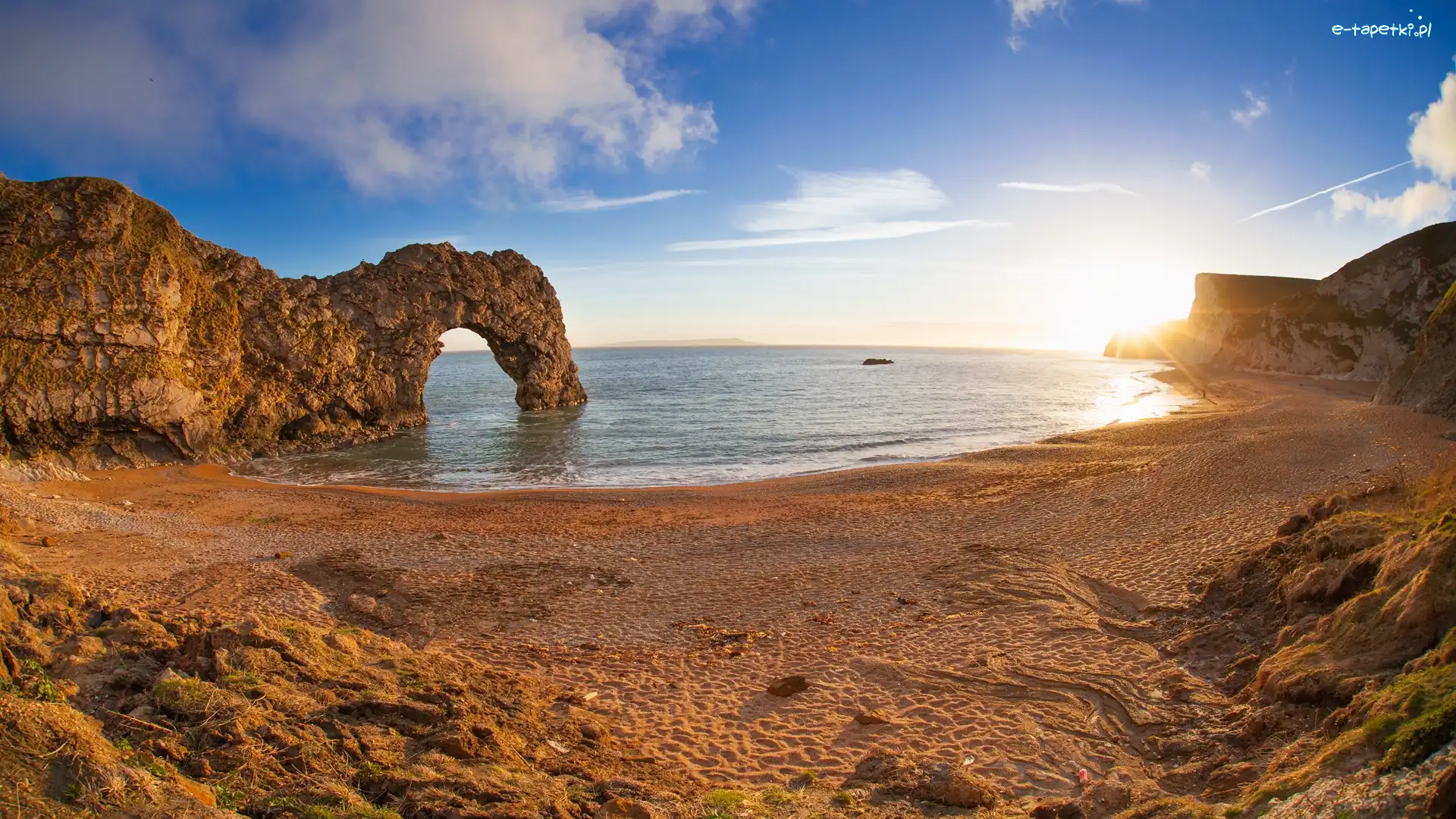 Wschód słońca, Hrabstwo Dorset, Skała, Wybrzeże, Łuk wapienny Durdle Door, Kanał La Manche, Morze, Anglia, Wybrzeże Jurajskie, Chmury