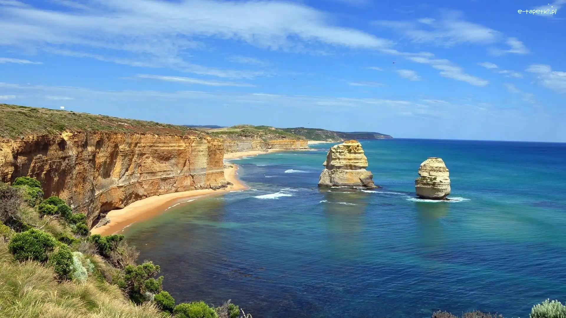 Ocean, Australia, Plaża, Cieśnina Bassa, Morze, Kolumny wapienne, Klif, Skały, Dwunastu Apostołów, Park Narodowy Port Campbell, Niebo