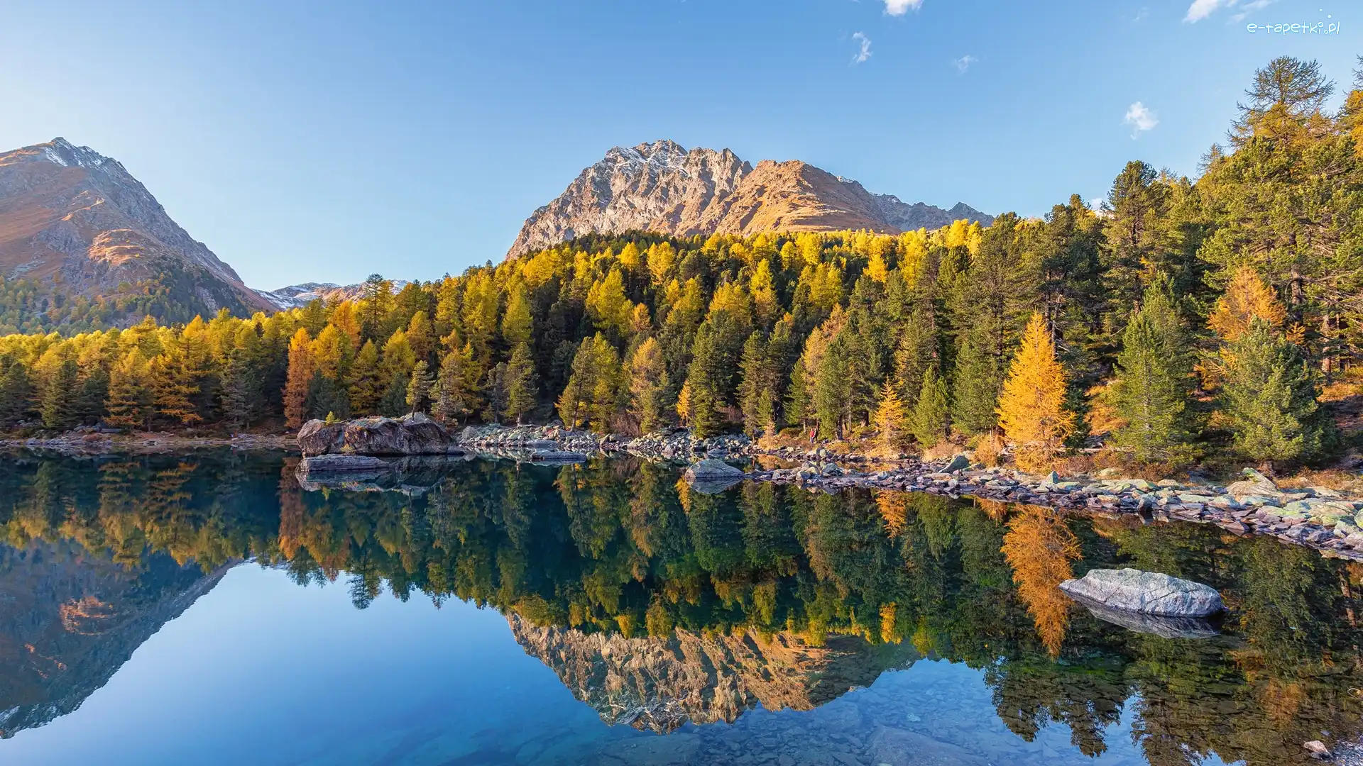 Kamienie, Jezioro Lago di Saoseo, Góry Alpy, Kanton Gryzonia, Szwajcaria, Odbicie, Jesień, Dolina Val di Campo, Drzewa