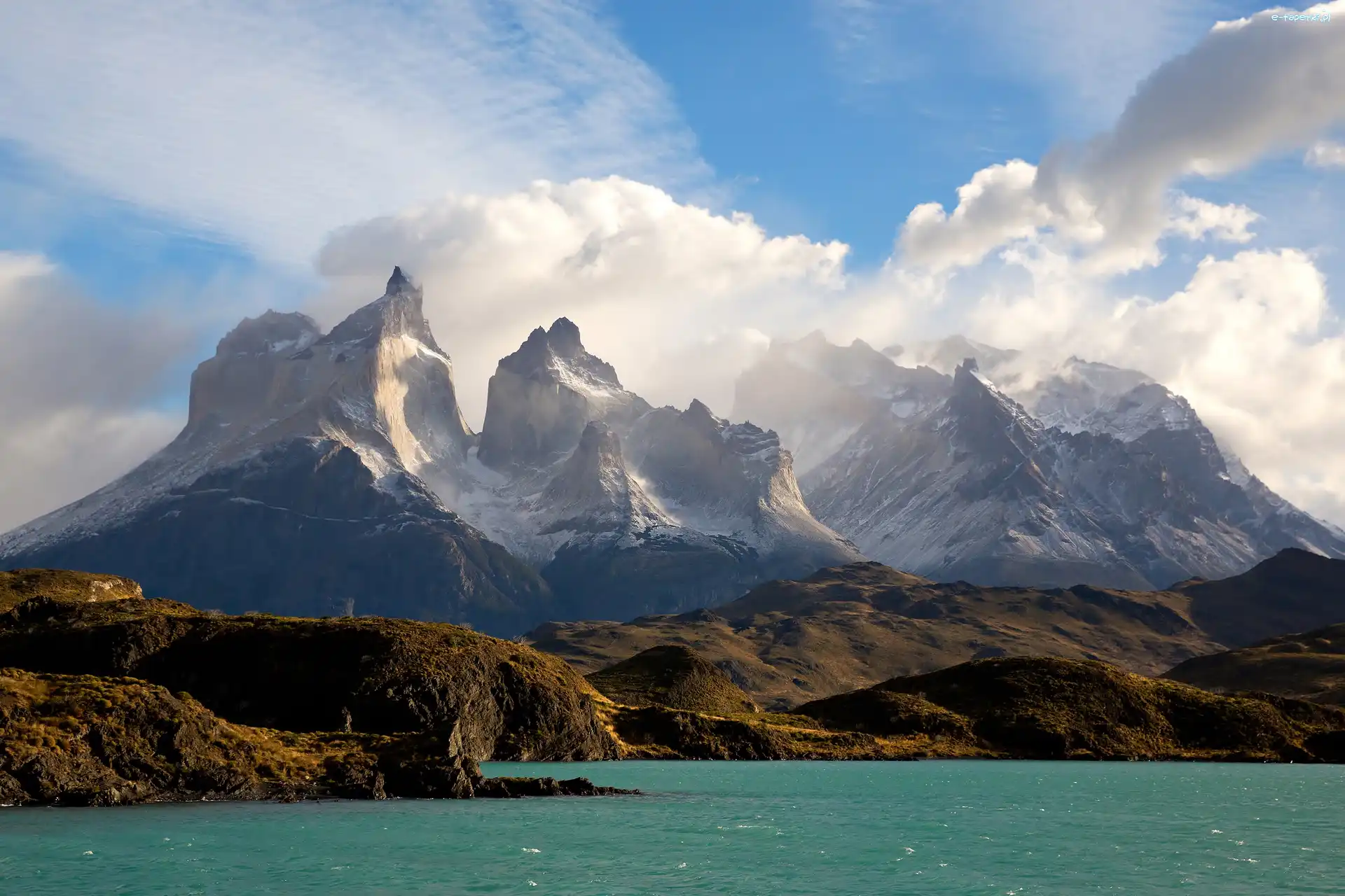 Roślinność, Patagonia, Chmury, Brzeg, Park Narodowy Torres Del Paine, Jezioro Pehoé, Góry Cordillera del Paine, Chile