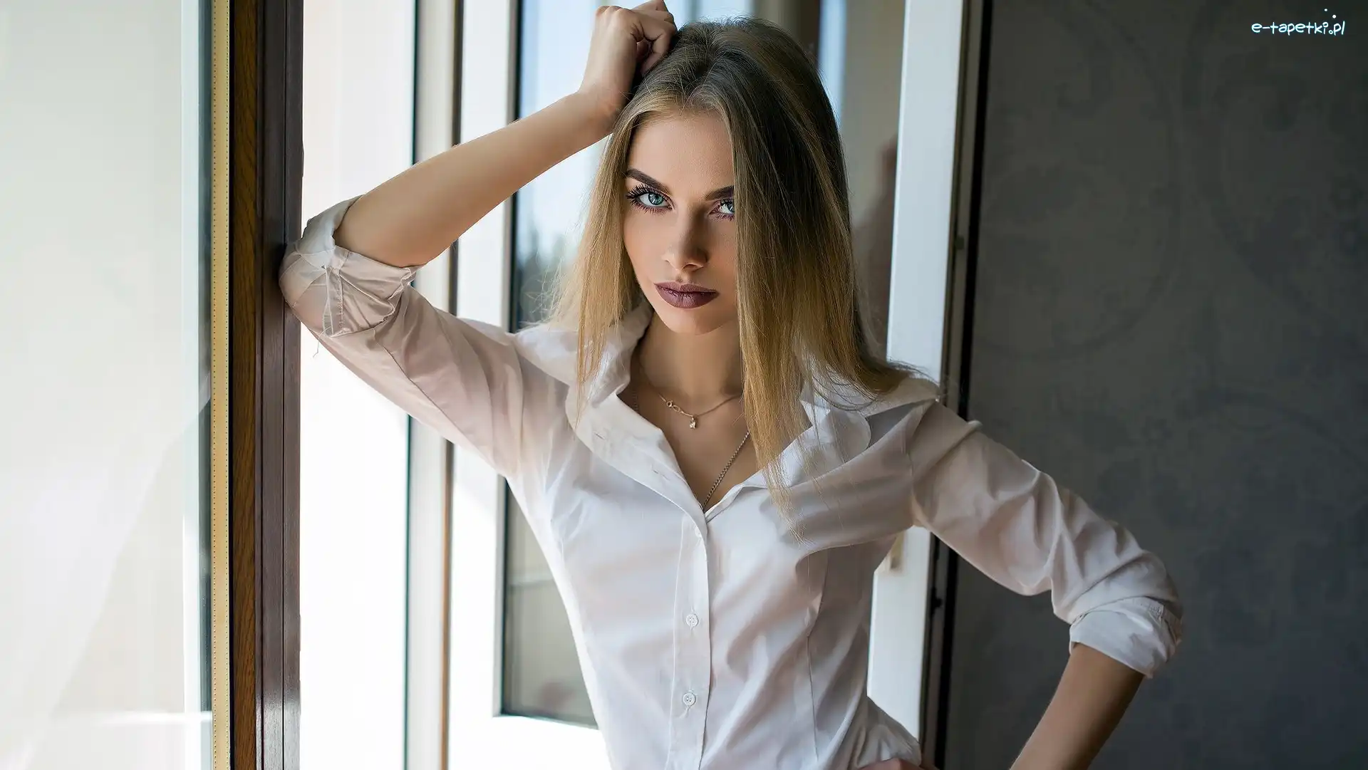 Koszula, Blondynka, Biała, Okno, Kobieta, Długowłosa