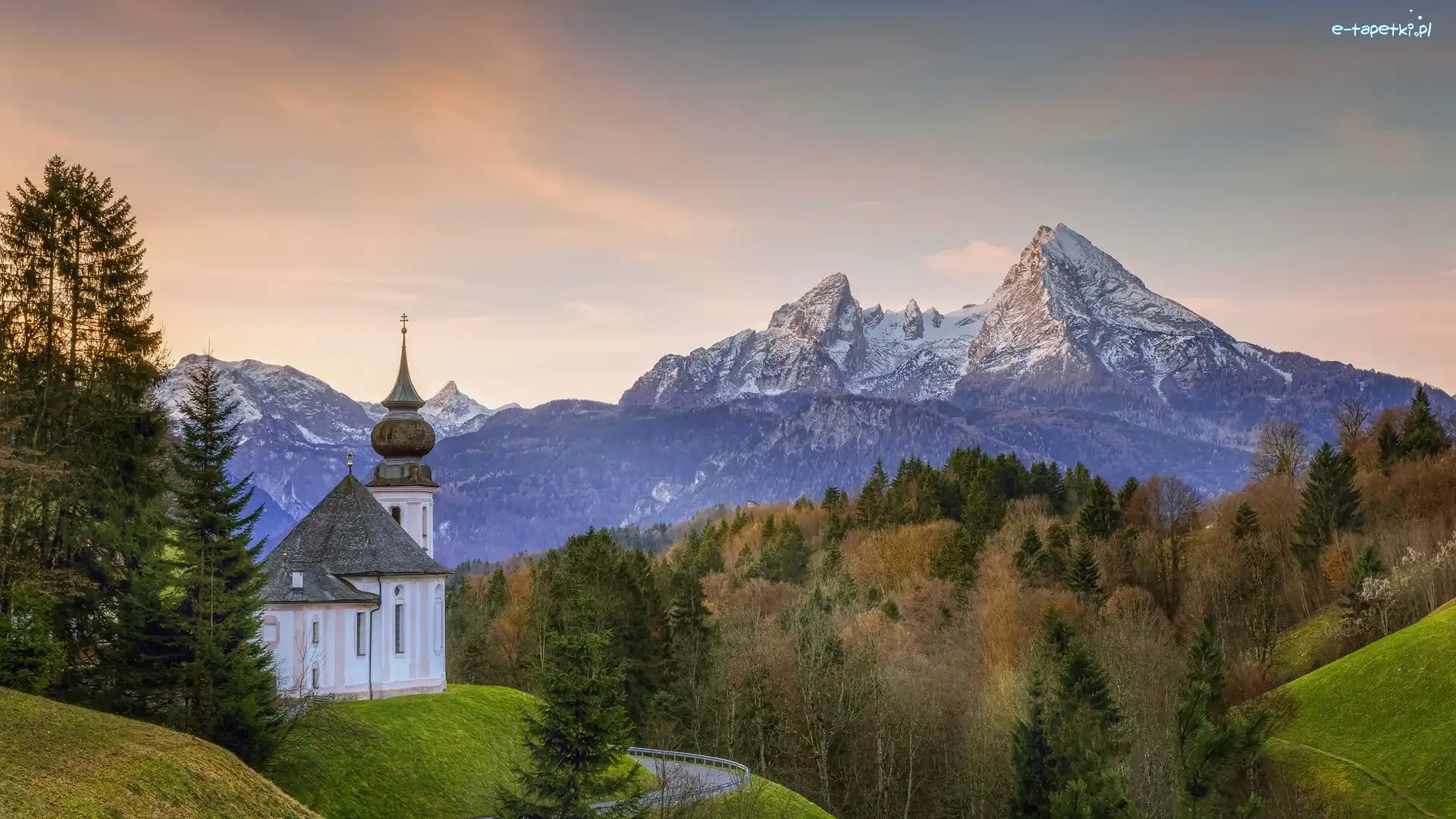 Kościół, Bawaria, Drzewa, Alpy Salzburskie, Berchtesgaden, Sanktuarium Maria Gern, Góry, Niemcy