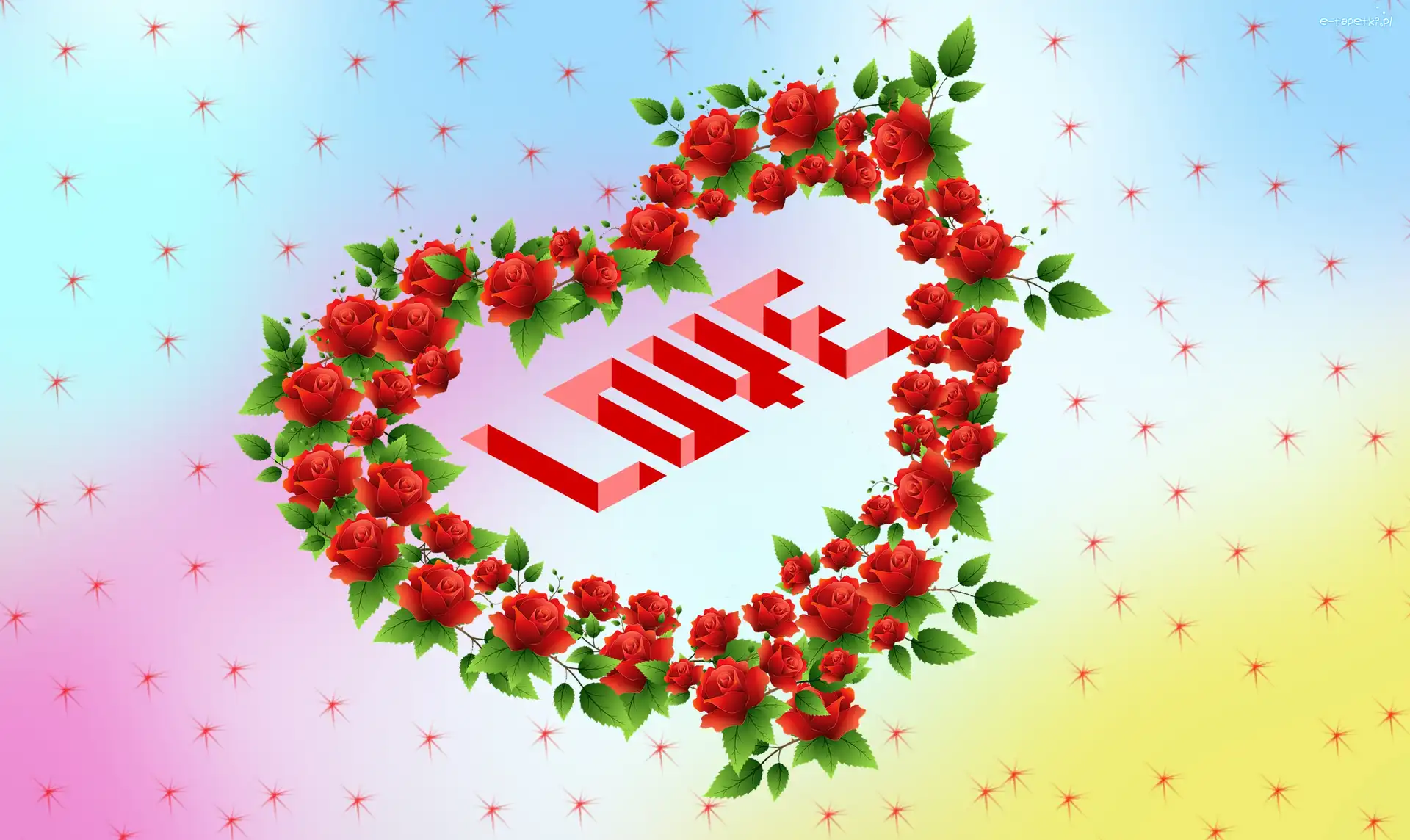 Love, Róże, Napis, 2D, Kwiaty, Serce