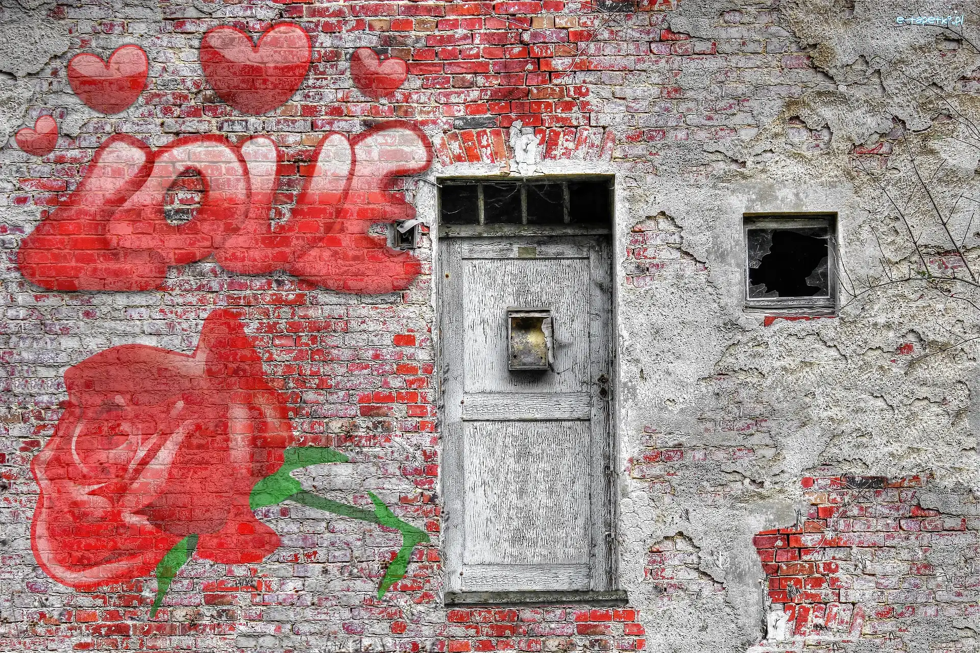 Drzwi, Mur, Ściana, Napis, Serca, Miłosne, Cegły, Love, Róża, Street art, Okienko, Zniszczona