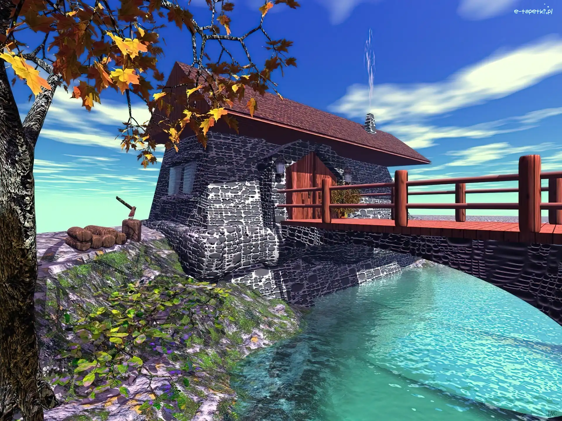 Wektorowa, mostek, domek, 3D