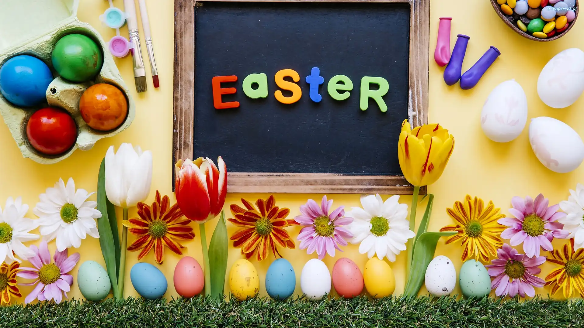 Easter, Kwiaty, Trawa, Pisanki, Wielkanoc, Napis, Tablica