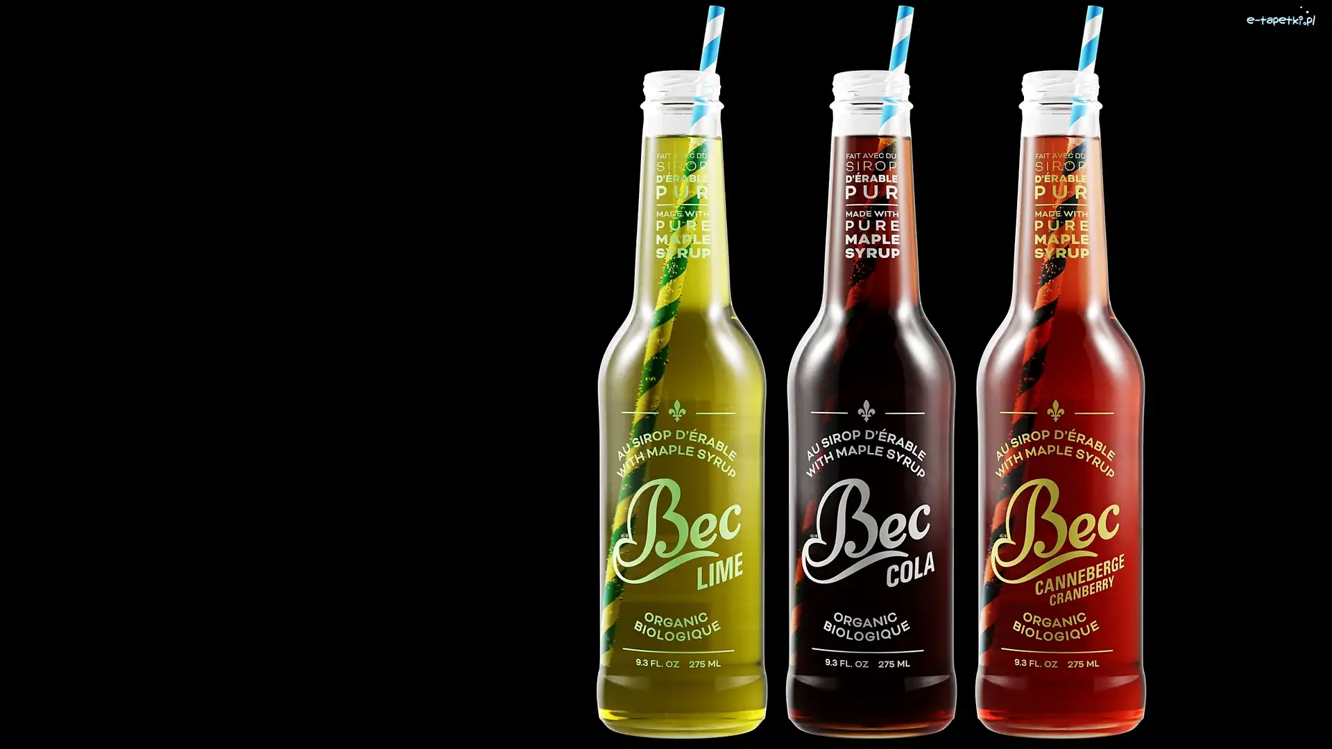 Bec Cranberry Słomki, Bec Lime, Bec Cola, Ciemne tło, Napoje, Butelki