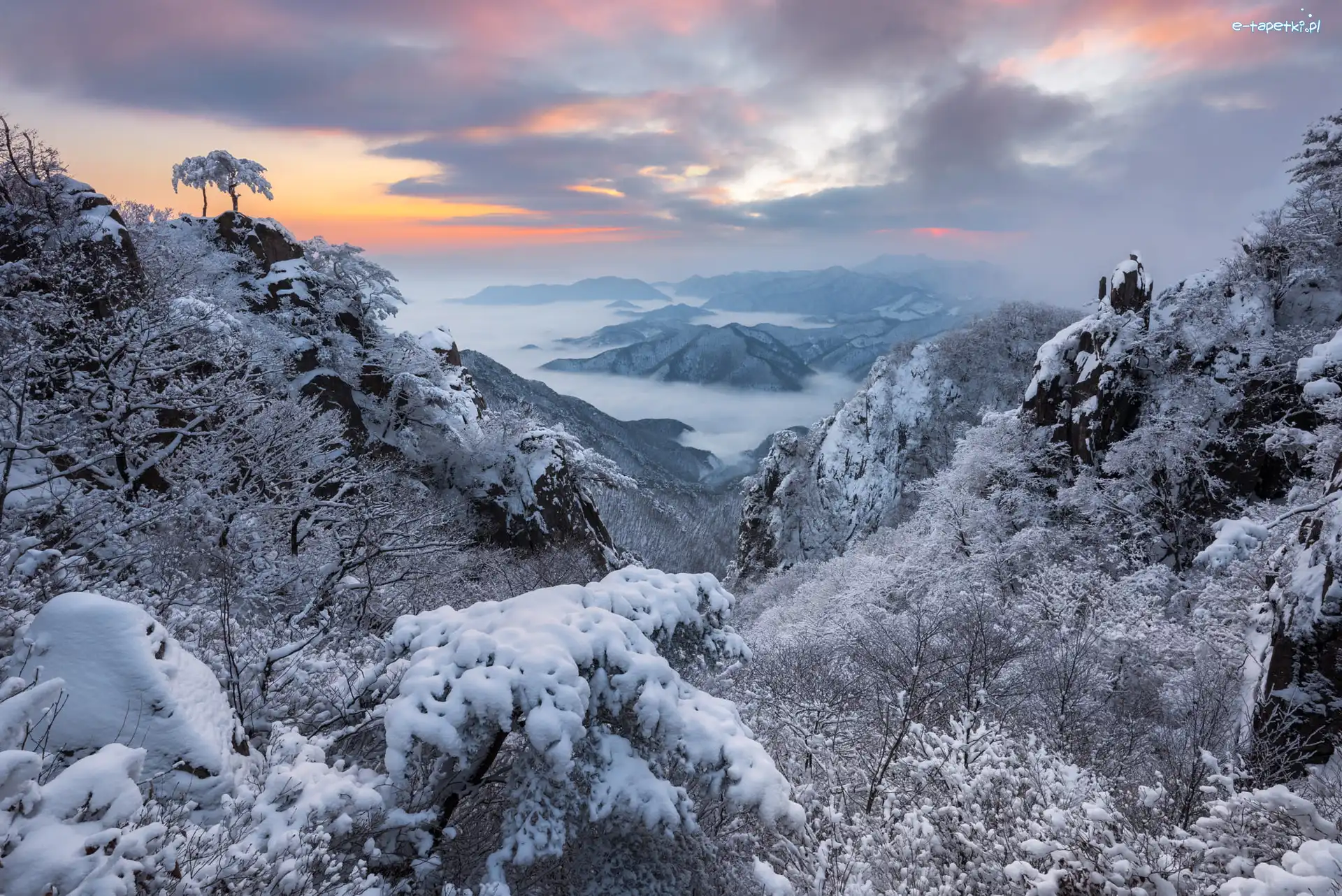 Zima, Wschód Słońca, Korea Południowa, Góra Daedunsan, Park Prowincjonalny Daedunsan, Mgła, Góry, Prowincja Jeolla Północna, Drzewa