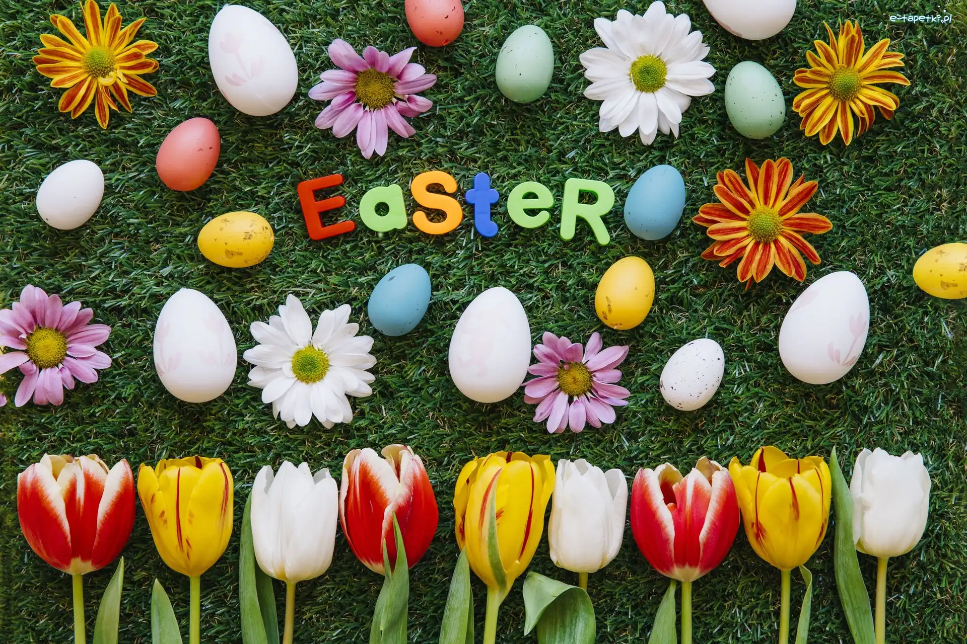 Pisanki, Tulipany, Wielkanoc, Kompozycja, Chryzantemy, Napis, Easter, Kwiaty