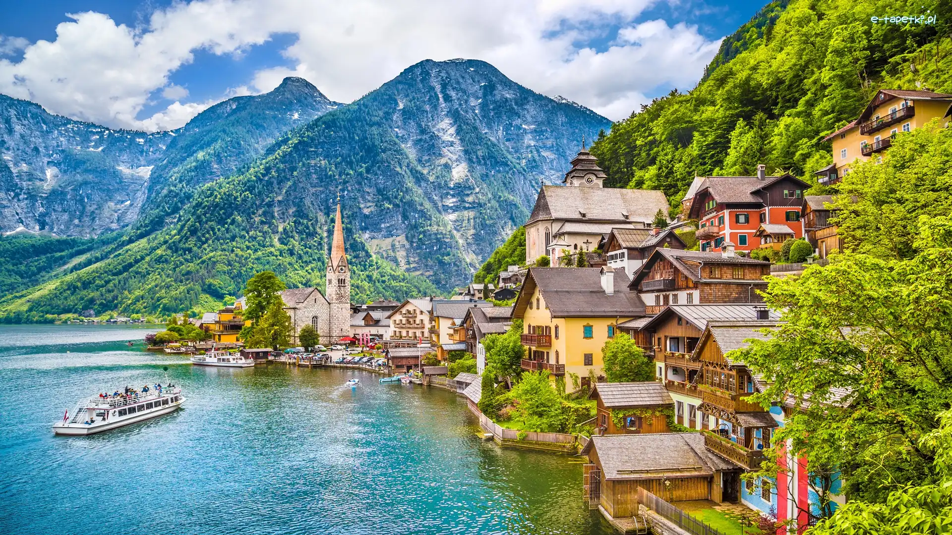 Domy, Góry Alpy Salzburskie, Jezioro Hallstättersee, Chmury, Hallstatt, Austria