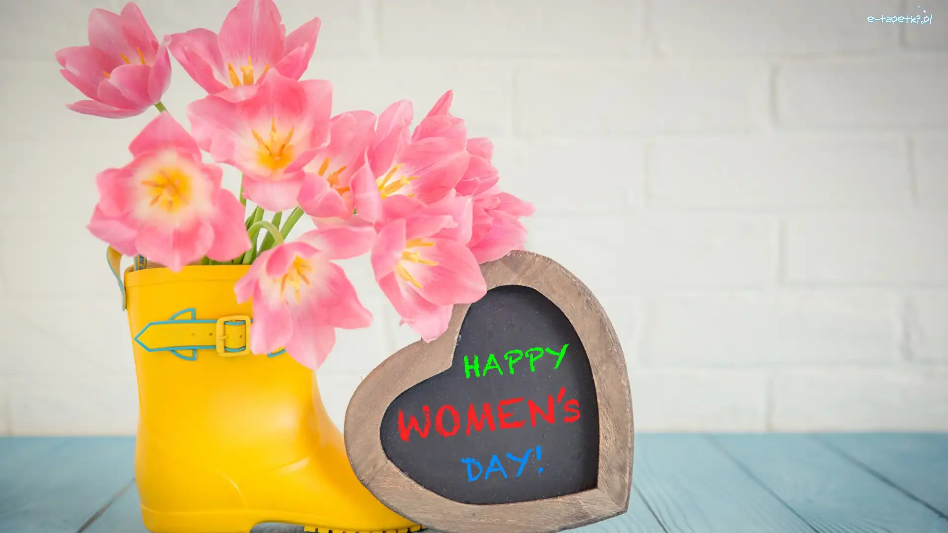 Happy Womens Day, Bukiet, Tulipany, Kalosz, Dzień kobiet, Napis, Serce
