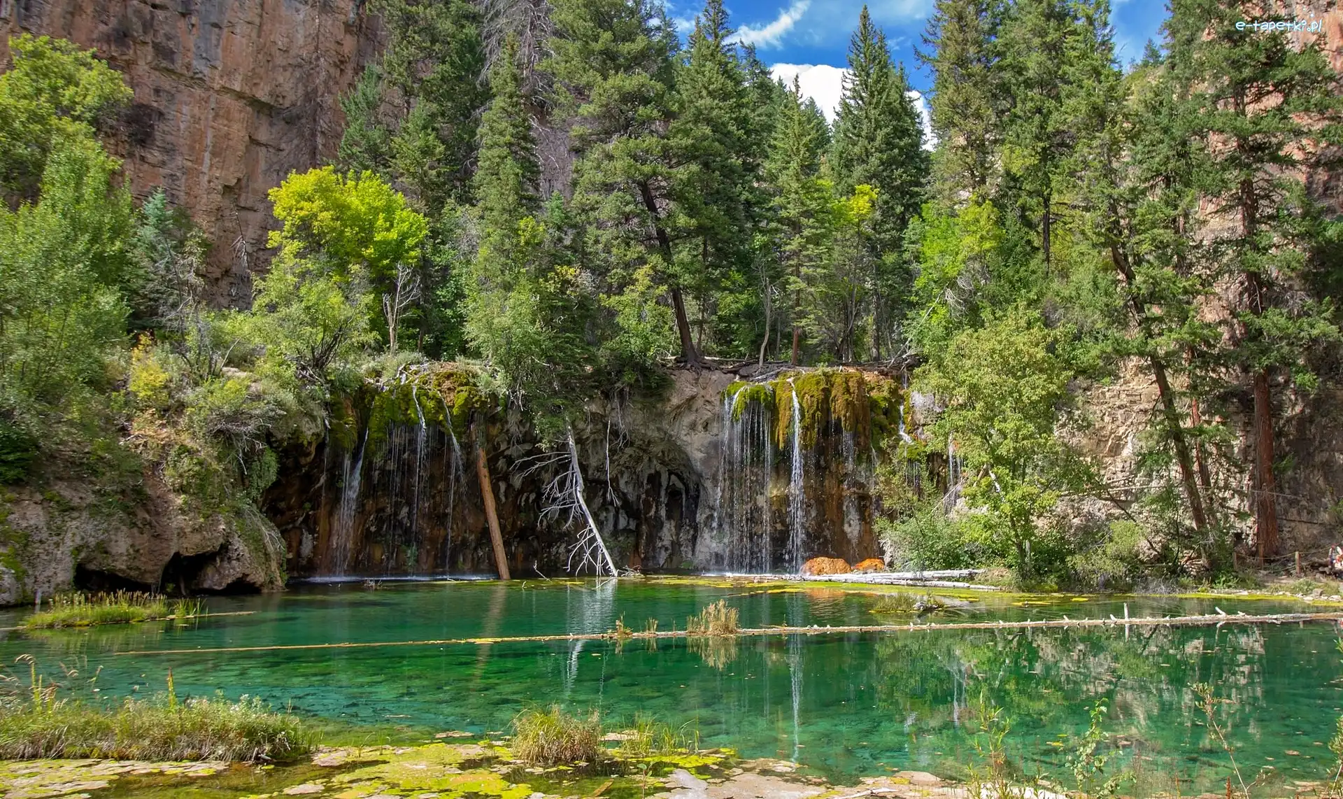 Jezioro Hanging Lake, Stan Kolorado, Zieleń, Skały, Glenwood Canyon, Wodospady, Drzewa, Stany Zjednoczone