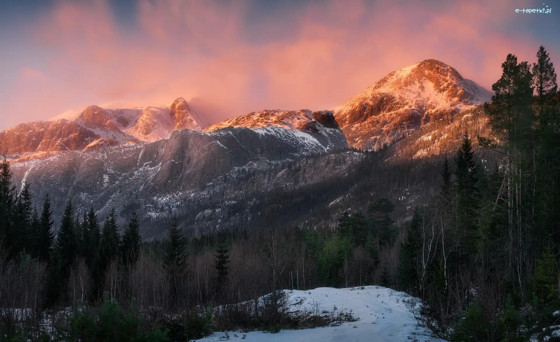 Niebo, Gmina Hemsedal, Hemsedal Top 20 Góry, Region Austlandet, Norwegia, Różowe, Drzewa
