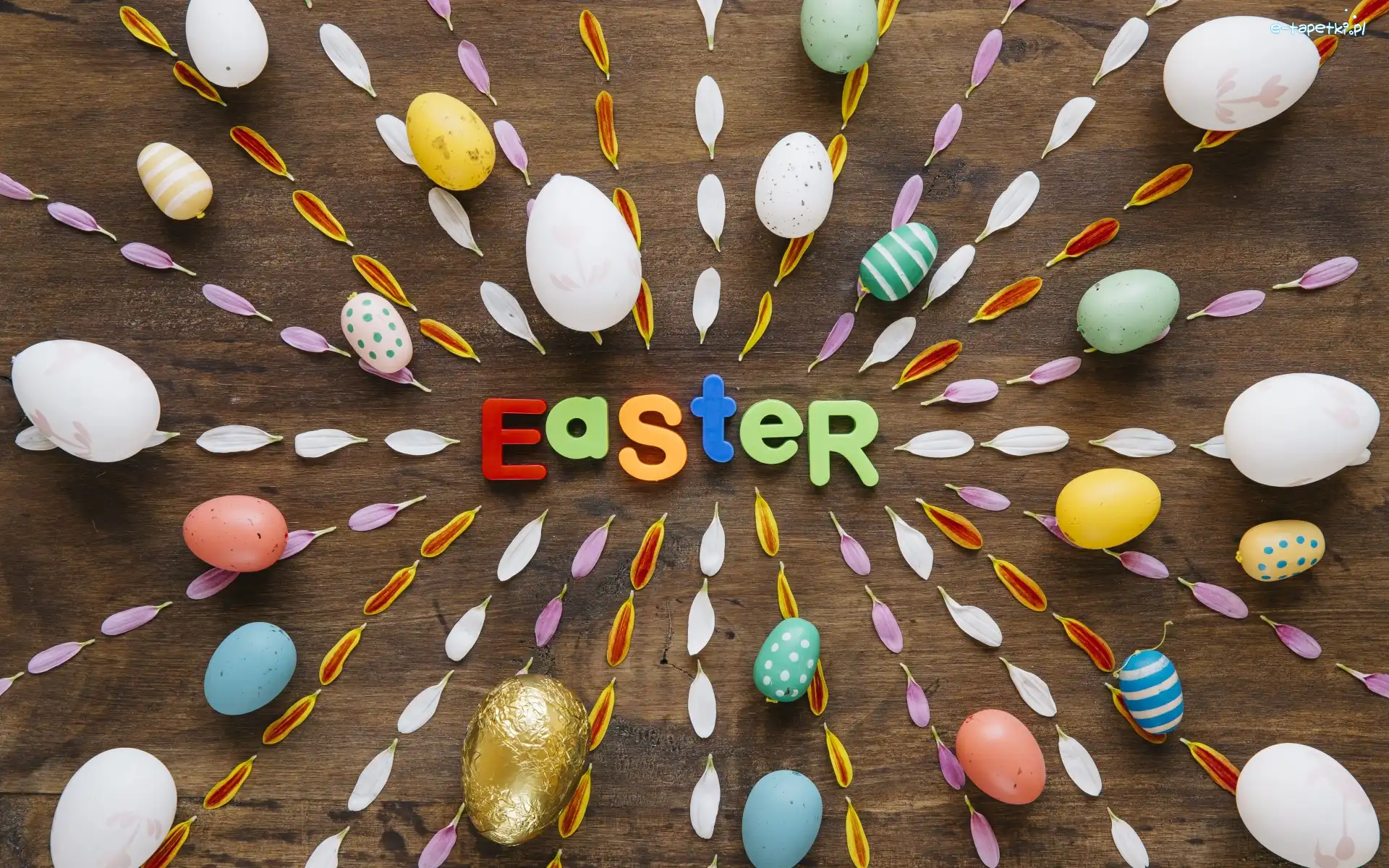 Easter, Kolorowe, Płatki, Pisanki, Wielkanoc, Napis, Deski