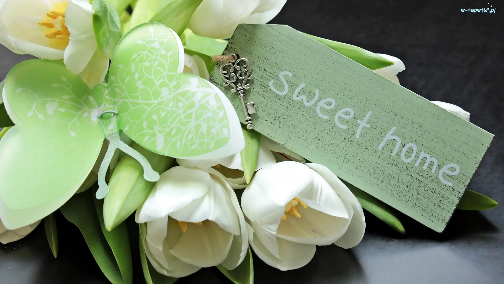 Napis, Kluczyk, Plakietka, Sweet home, Motyl, Tulipany