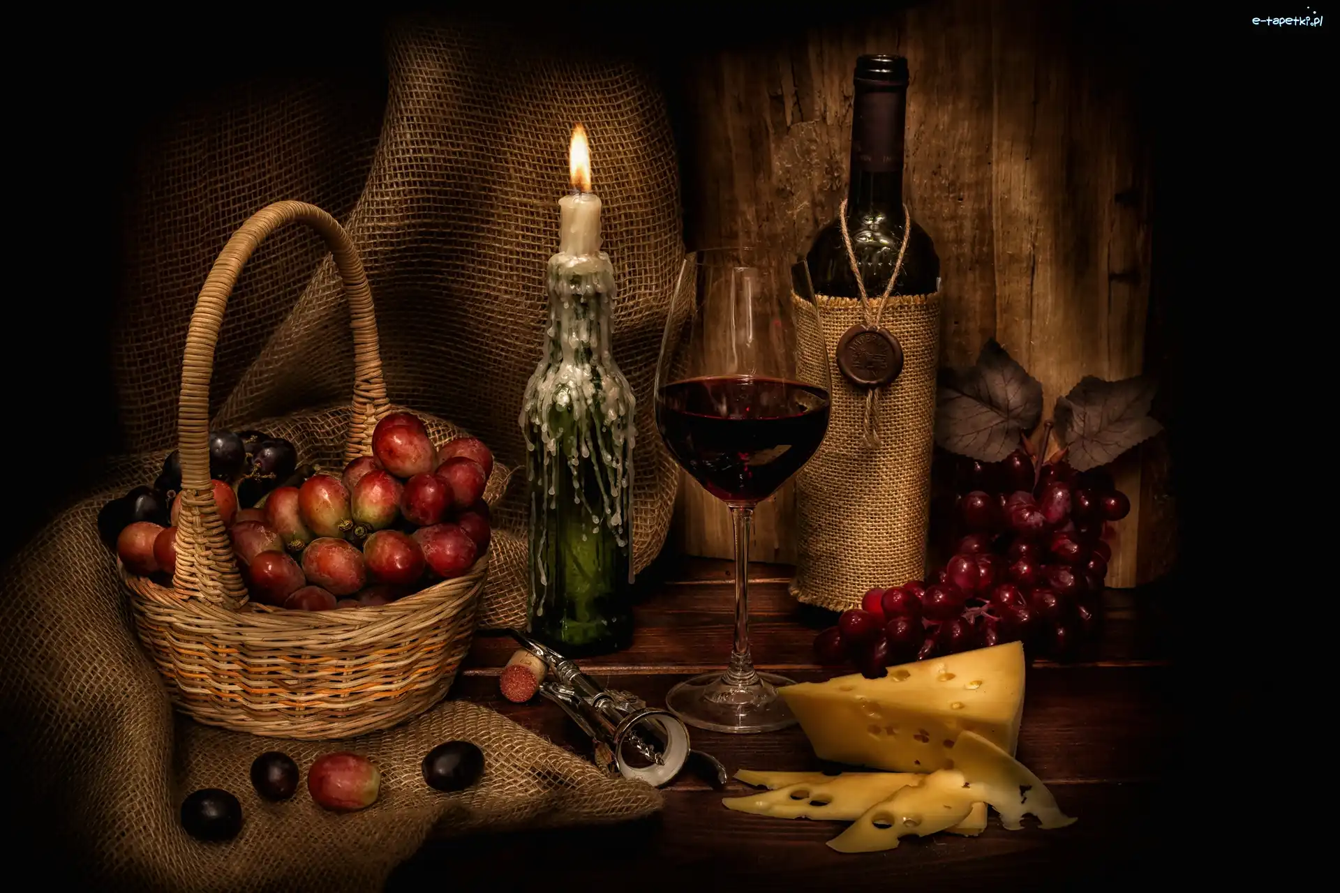 Ser, Świeca, Wino, Winogrona, Koszyk, Kieliszek, Butelka