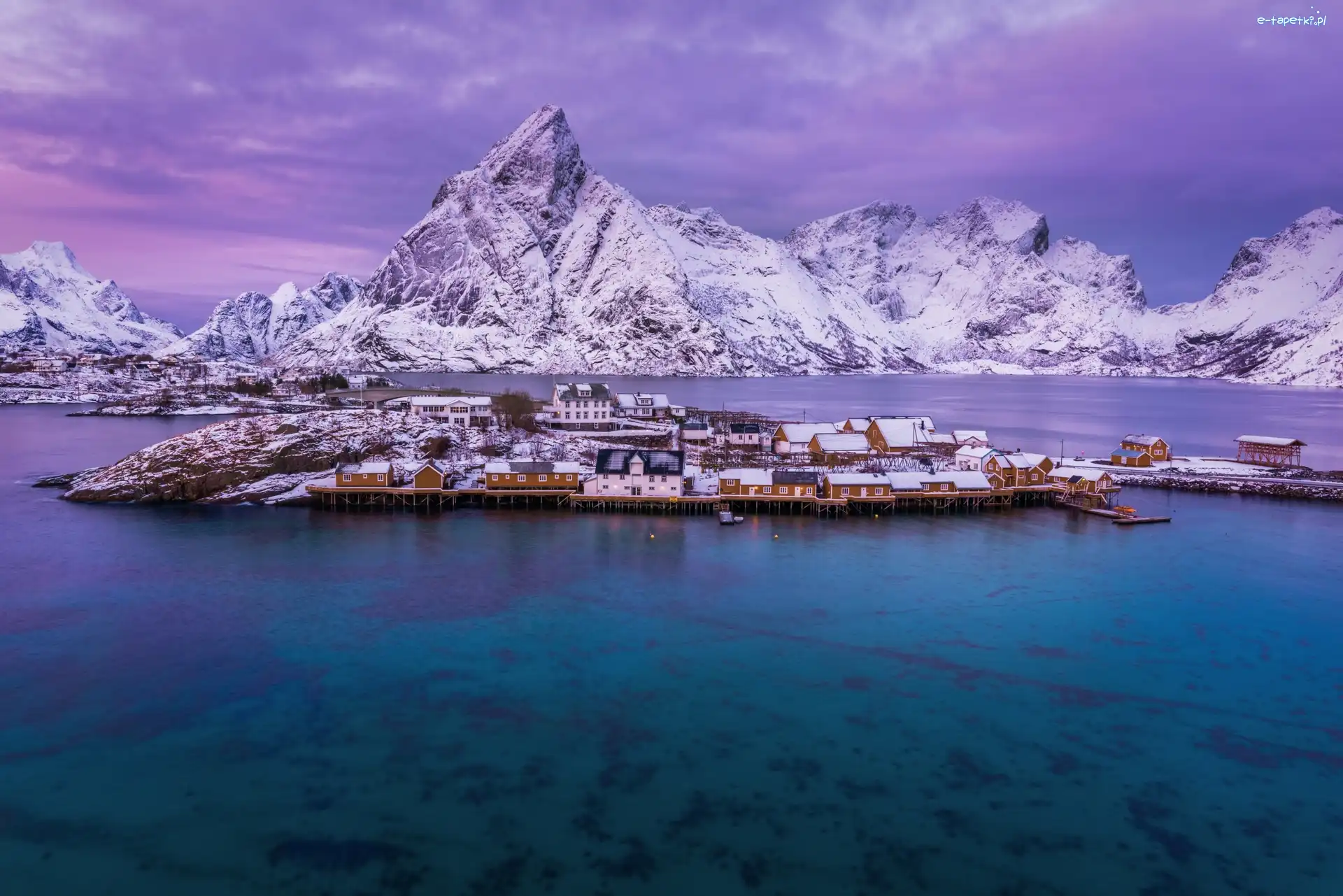 Norwegia, Góry, Lofoty, Domy, Zima, Wioska Reine