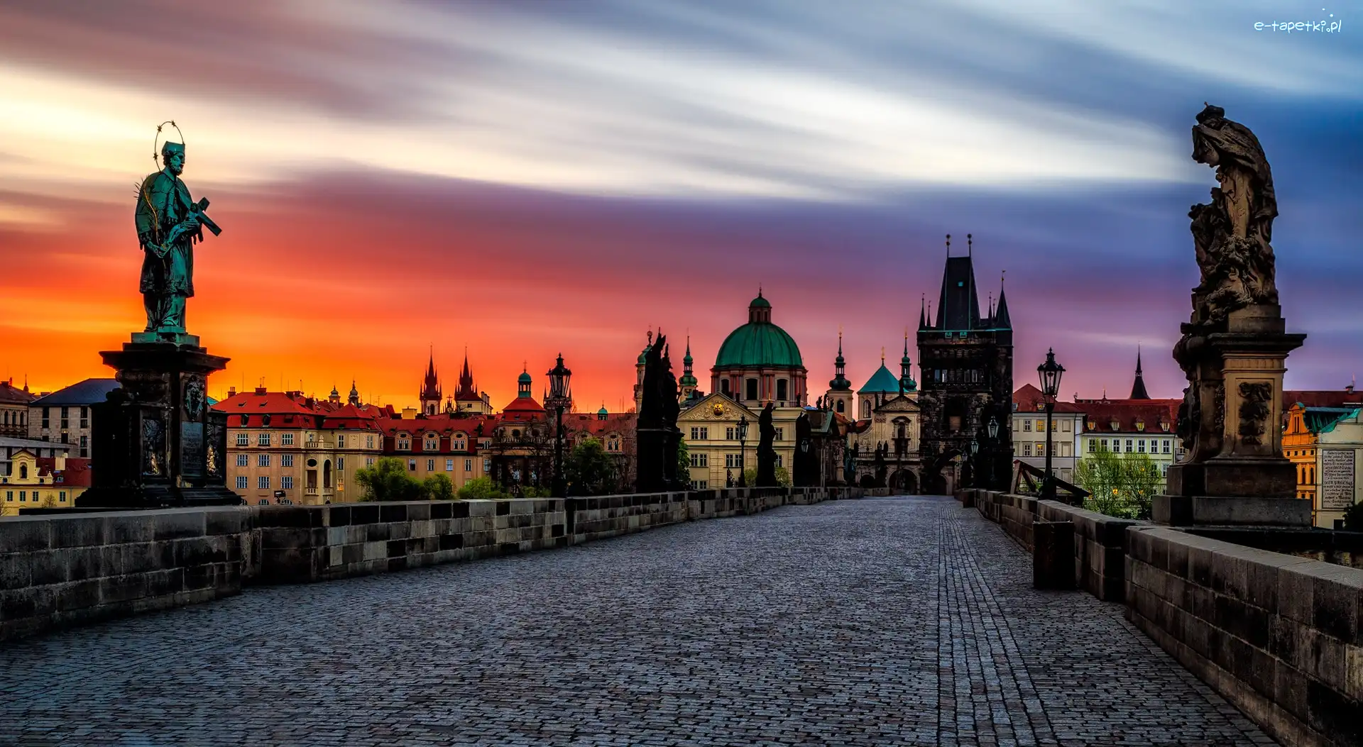 Zabytki, Most Karola, Figury, Wschód słońca, Praga, Czechy