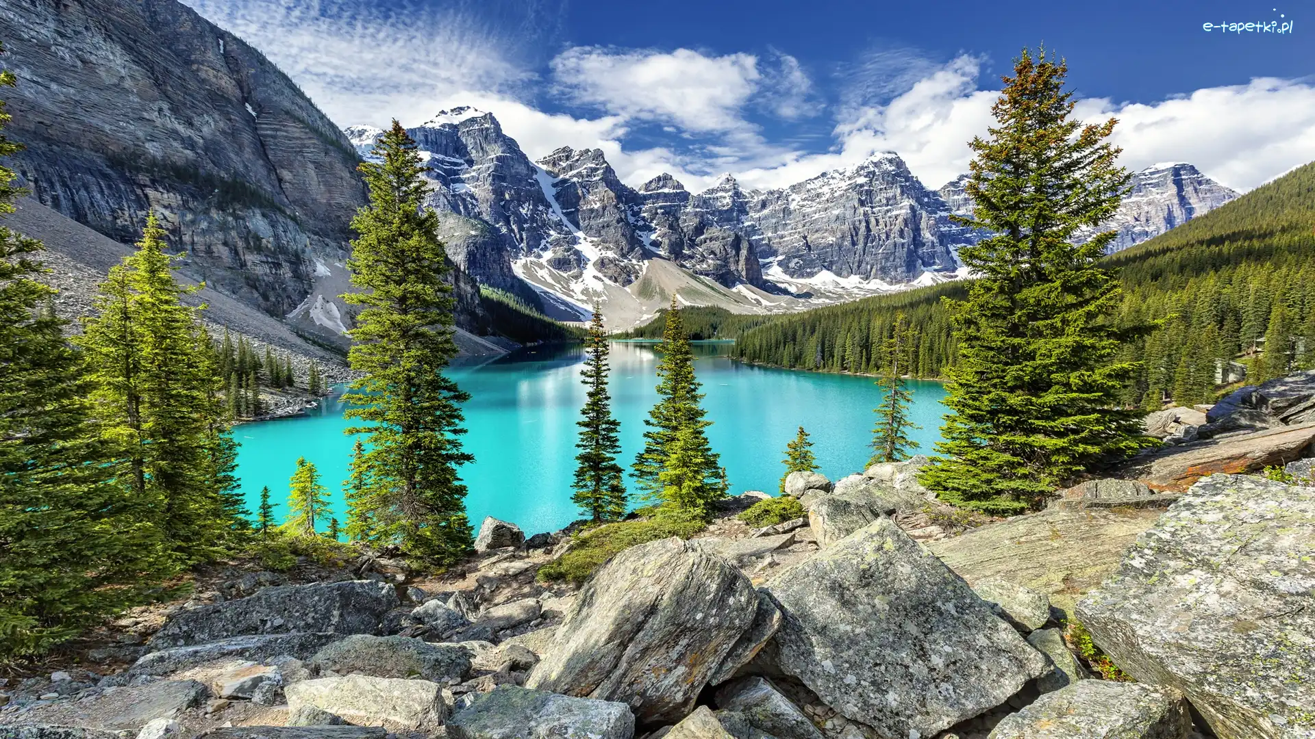 Drzewa, Las, Park Narodowy Banff, Alberta, Kanada, Góry, Chmury, Jezioro Moraine, Kamienie