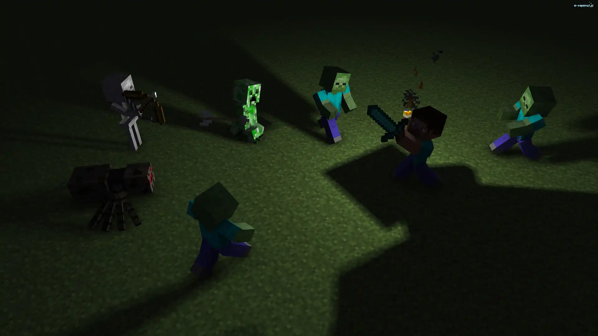 Pająk, Steve, Noc, Creeper, Minecraft, Zombie, Szkielet