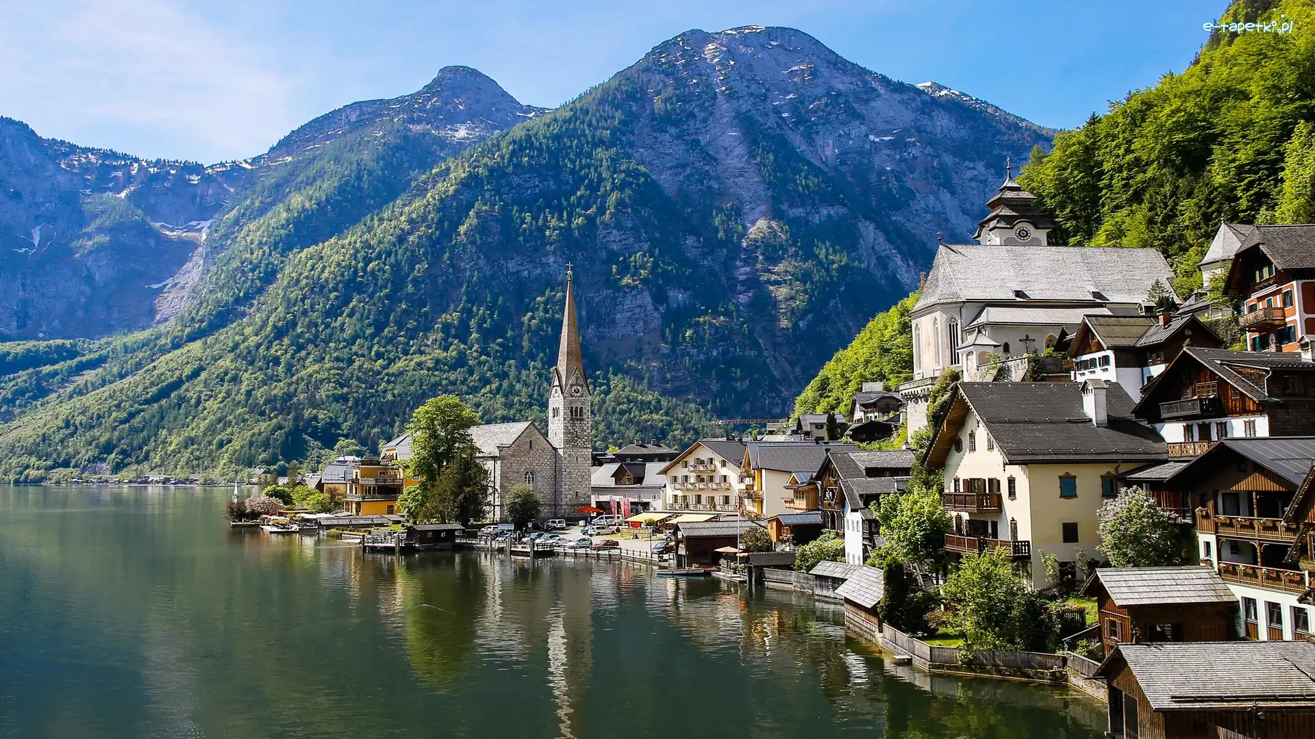Austria, Góry Alpy Salzburskie, Hallstatt, Domy, Jezioro Hallstattersee