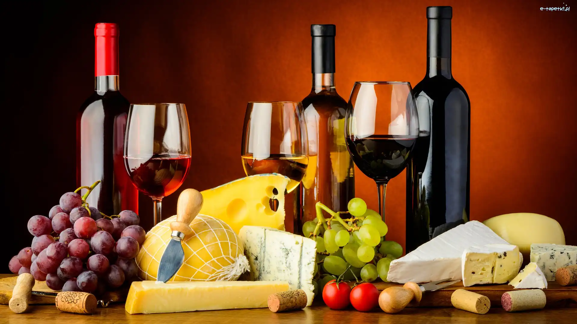 Deski, Kieliszki, Winogrona, Butelki, Wino, Pomidorki, Sery